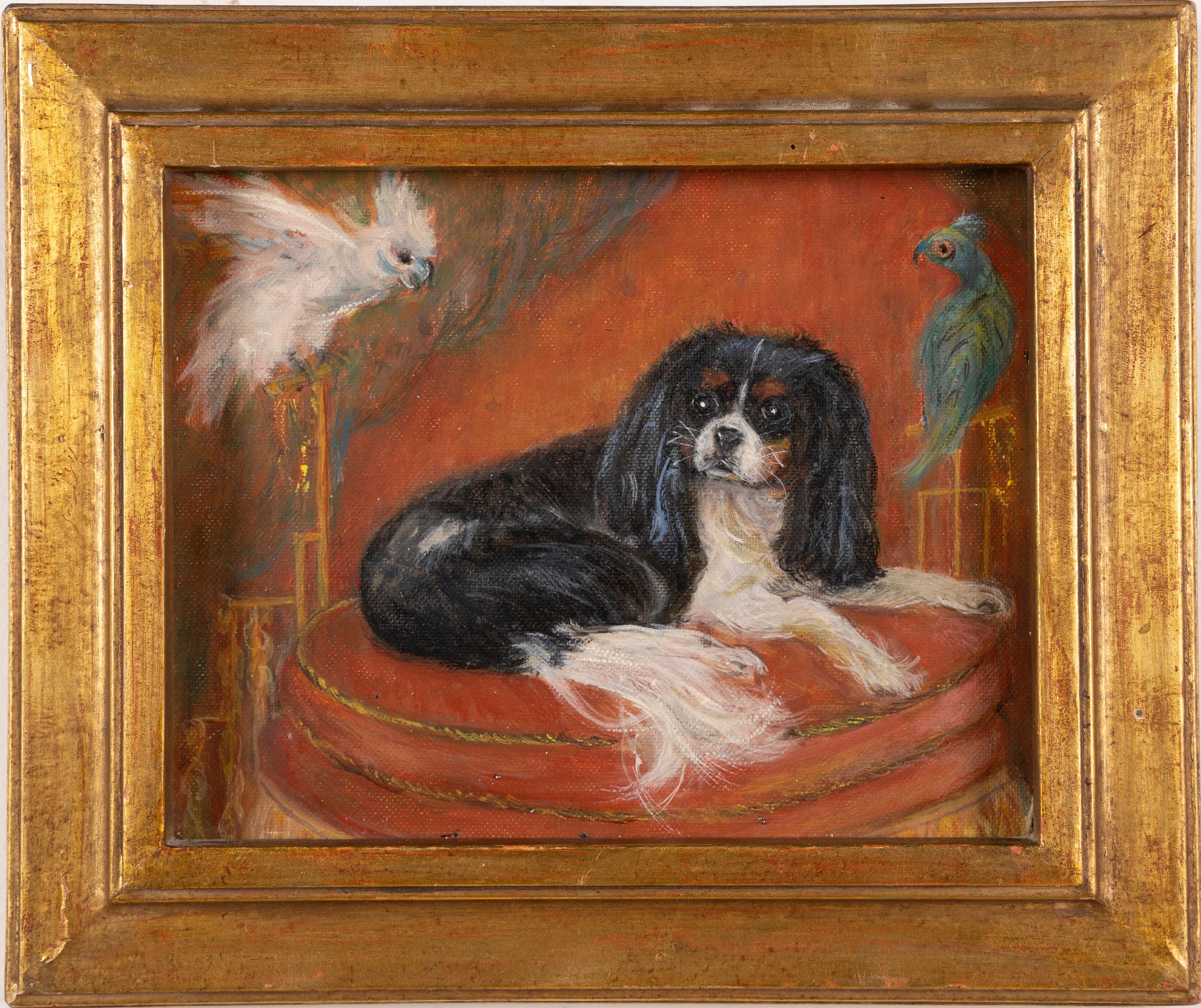 Unknown Interior Painting - Antique American Impressionist King Charles Cavalier Spaniel Dog Parrot Painting