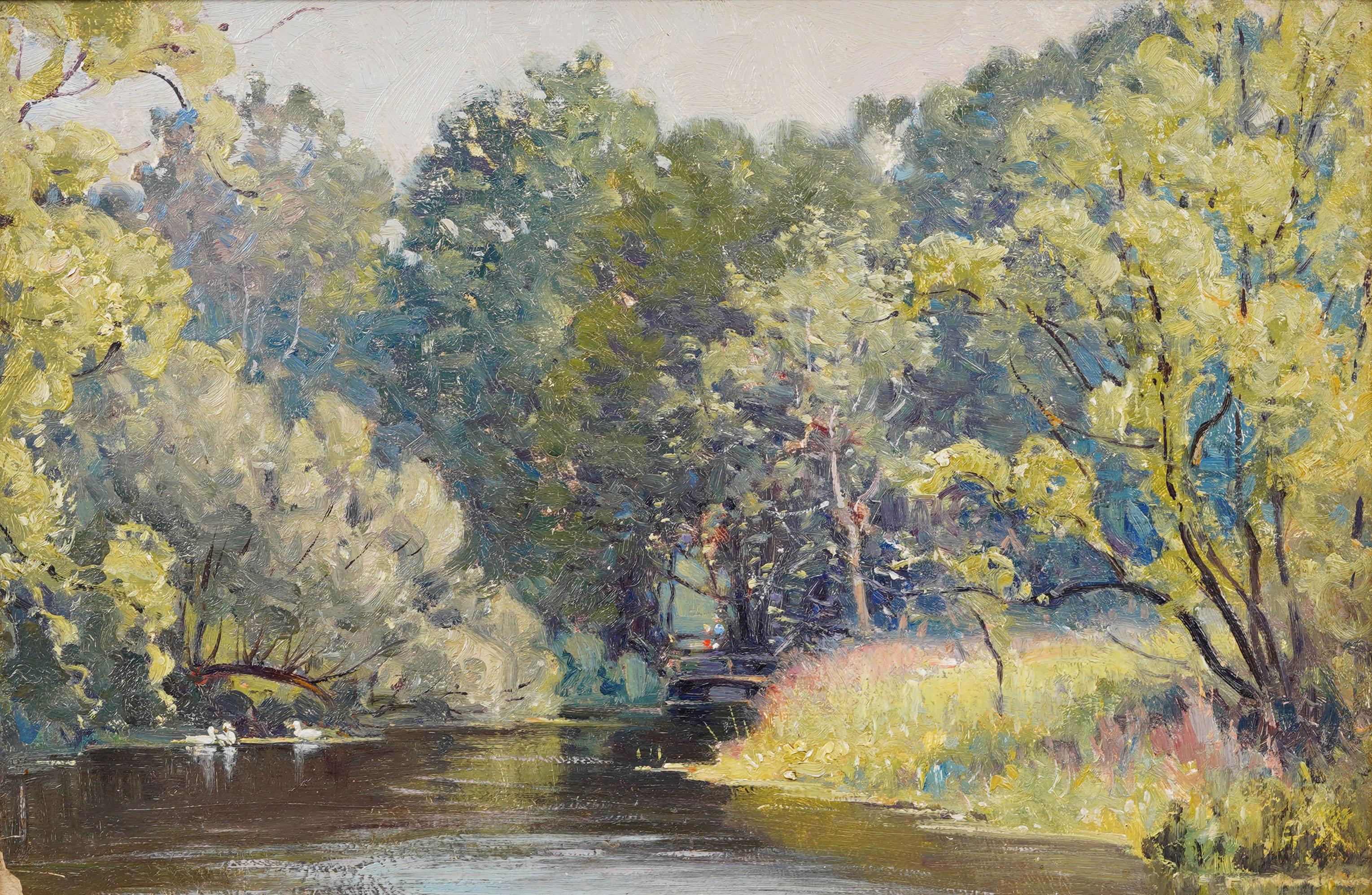 Peinture à l'huile impressionniste américaine ancienne, paysage de lac, oies nageant, encadrée - Impressionnisme Painting par Unknown