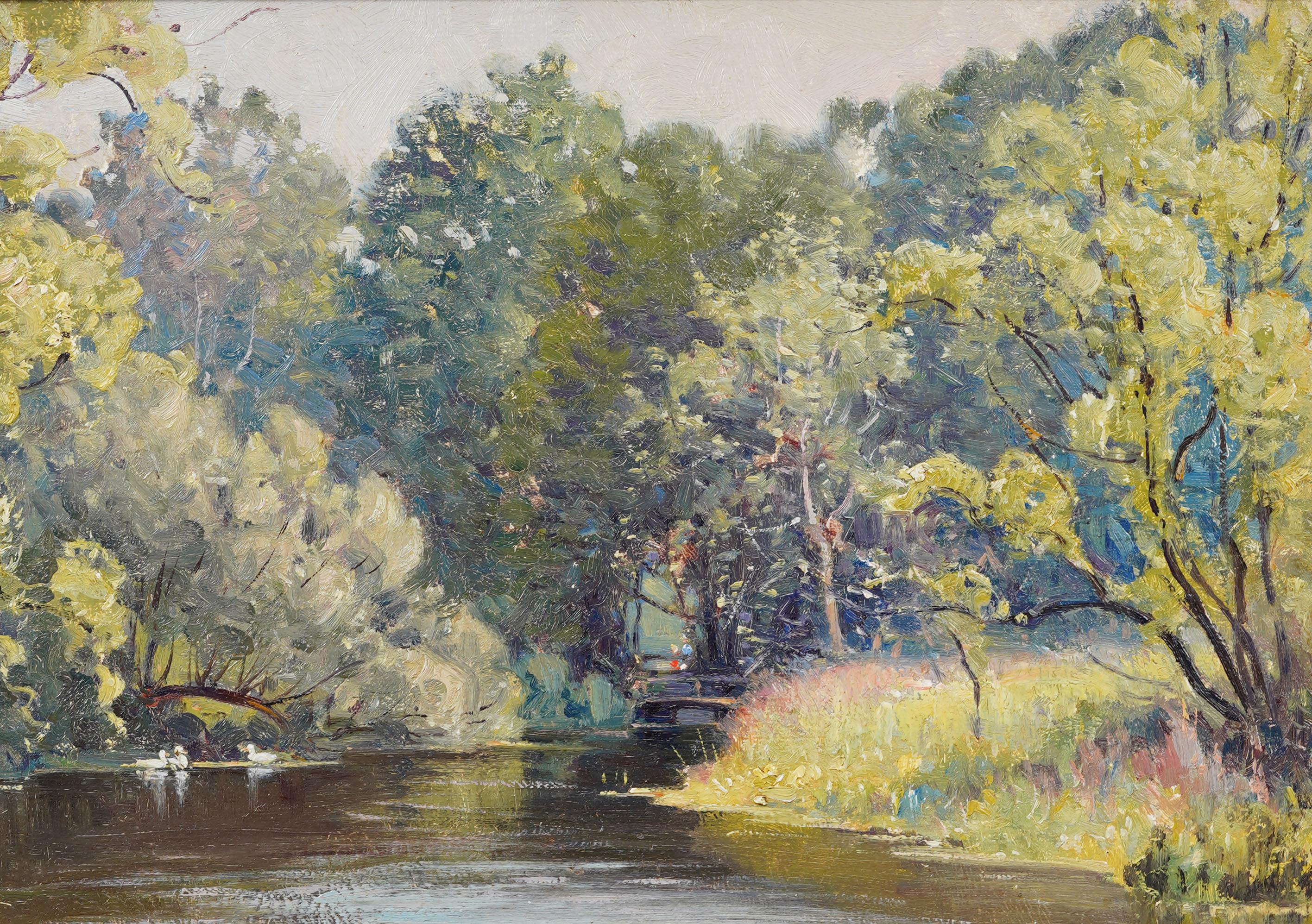 Peinture à l'huile impressionniste américaine ancienne, paysage de lac, oies nageant, encadrée - Marron Animal Painting par Unknown