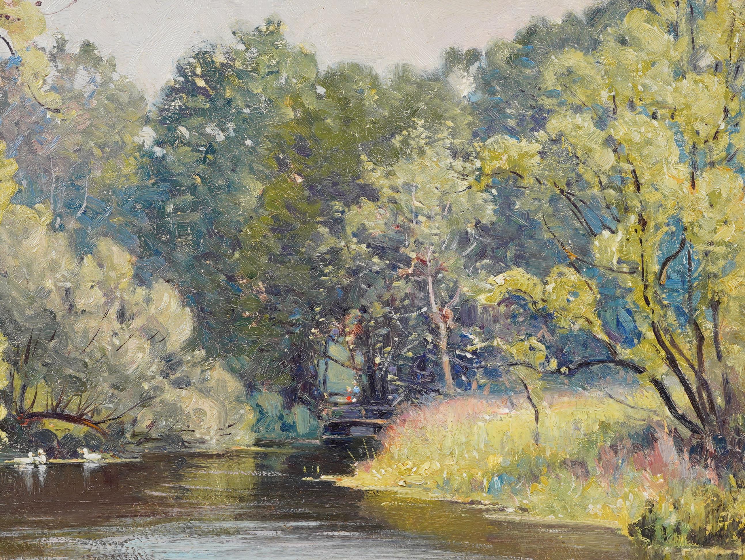 Ancienne peinture à l'huile de paysage impressionniste américain. Huile sur planche.  Encadré. Dimensions : 20 x 27 pouces sur l'ensemble, et 12 x 16 pour la peinture seule.  En excellent état d'origine. Joliment encadrée dans un  moulures en bois