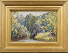Antique American Impressionist Lake Landscape Geese Swimming Framed Oil Painting
