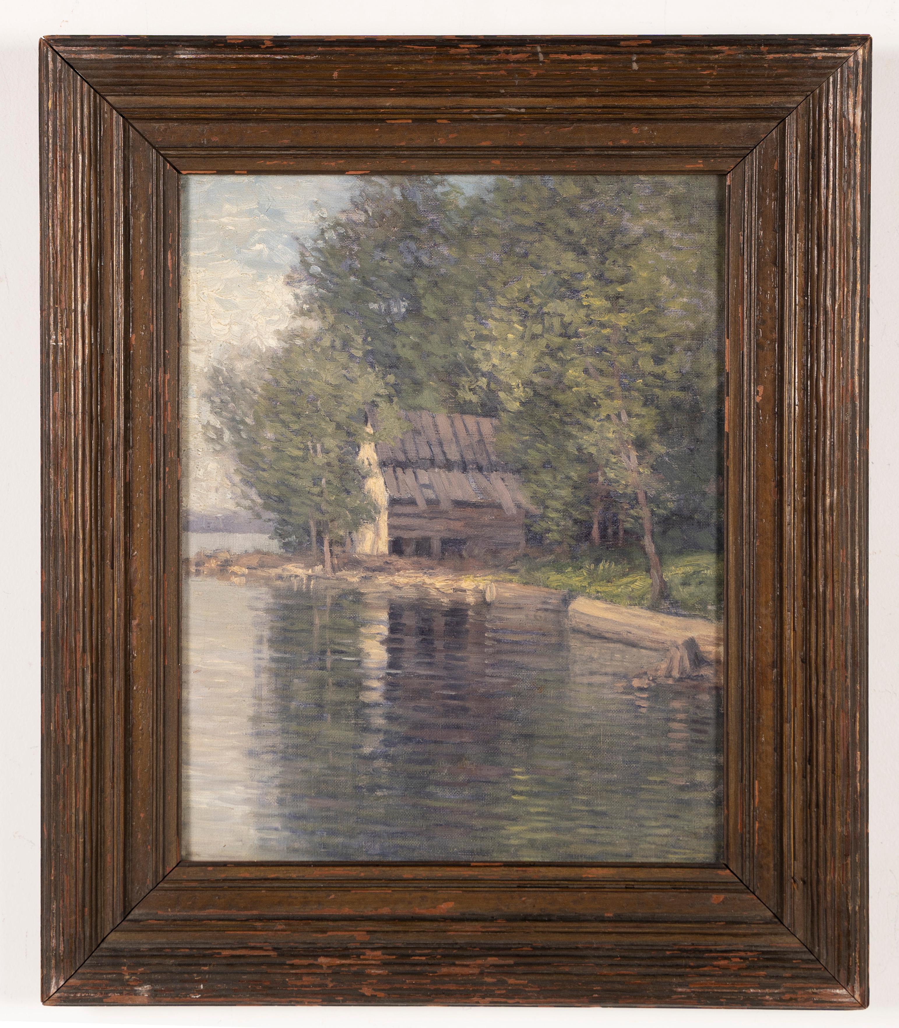 Antikes amerikanisches impressionistisches Landschaftsgemälde, Sommer-See, pointillistisches Ölgemälde (Pointillismus), Painting, von Unknown