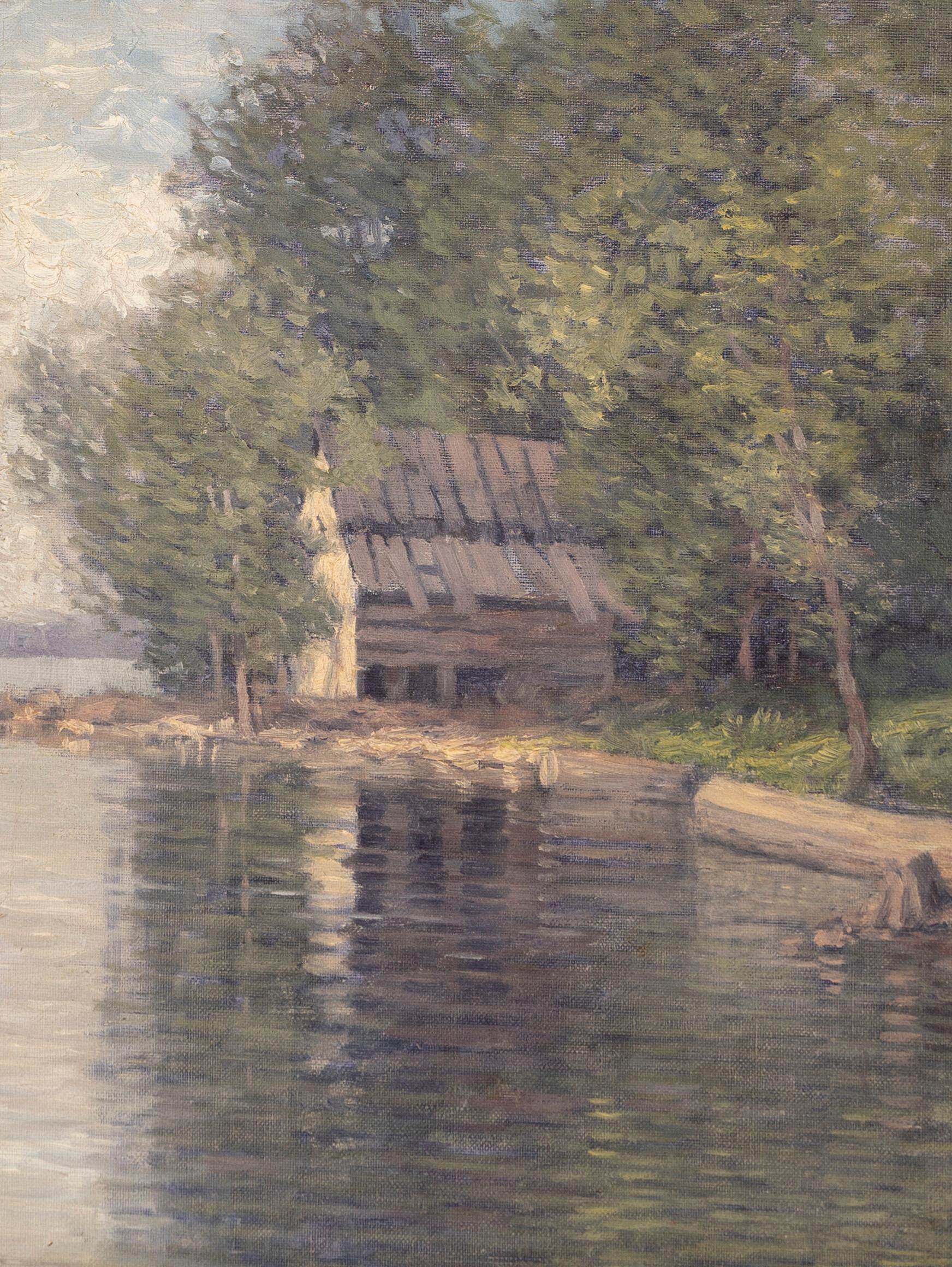 Ancienne peinture à l'huile impressionniste américaine - Paysage impressionniste d'un lac d'été - Pointilliste - Marron Landscape Painting par Unknown