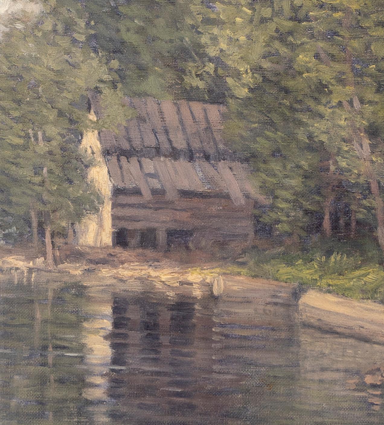Antique American school impressionist landscape oil painting.  Oil on board, circa 1900.  Non signée.  Encadré.  Image size, 12
