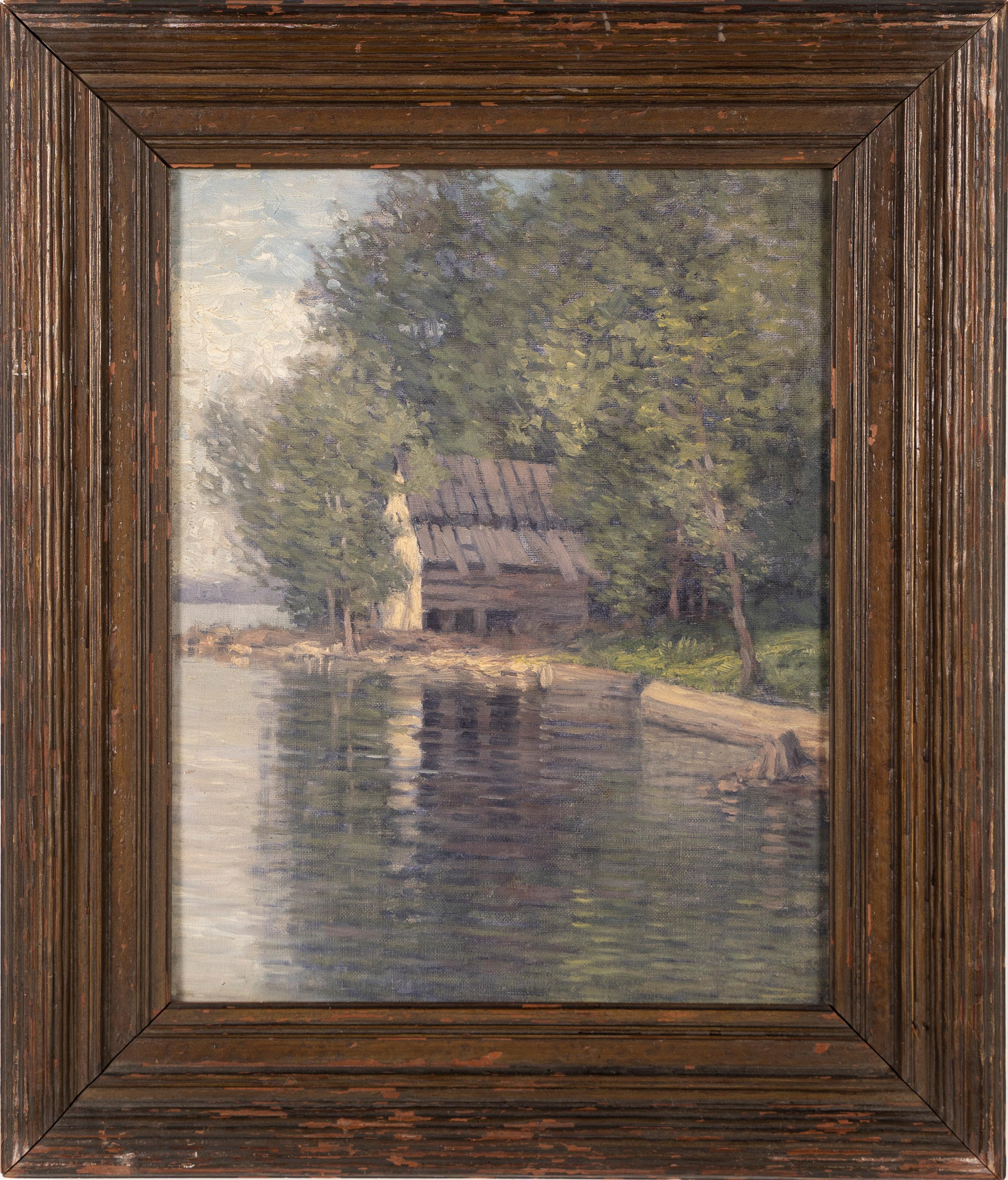 Antique American Impressionist Landscape Summer Lake Pointillist Oil Painting