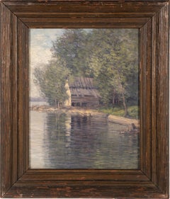 Ancienne peinture à l'huile impressionniste américaine, paysage de lac d'été pointilliste