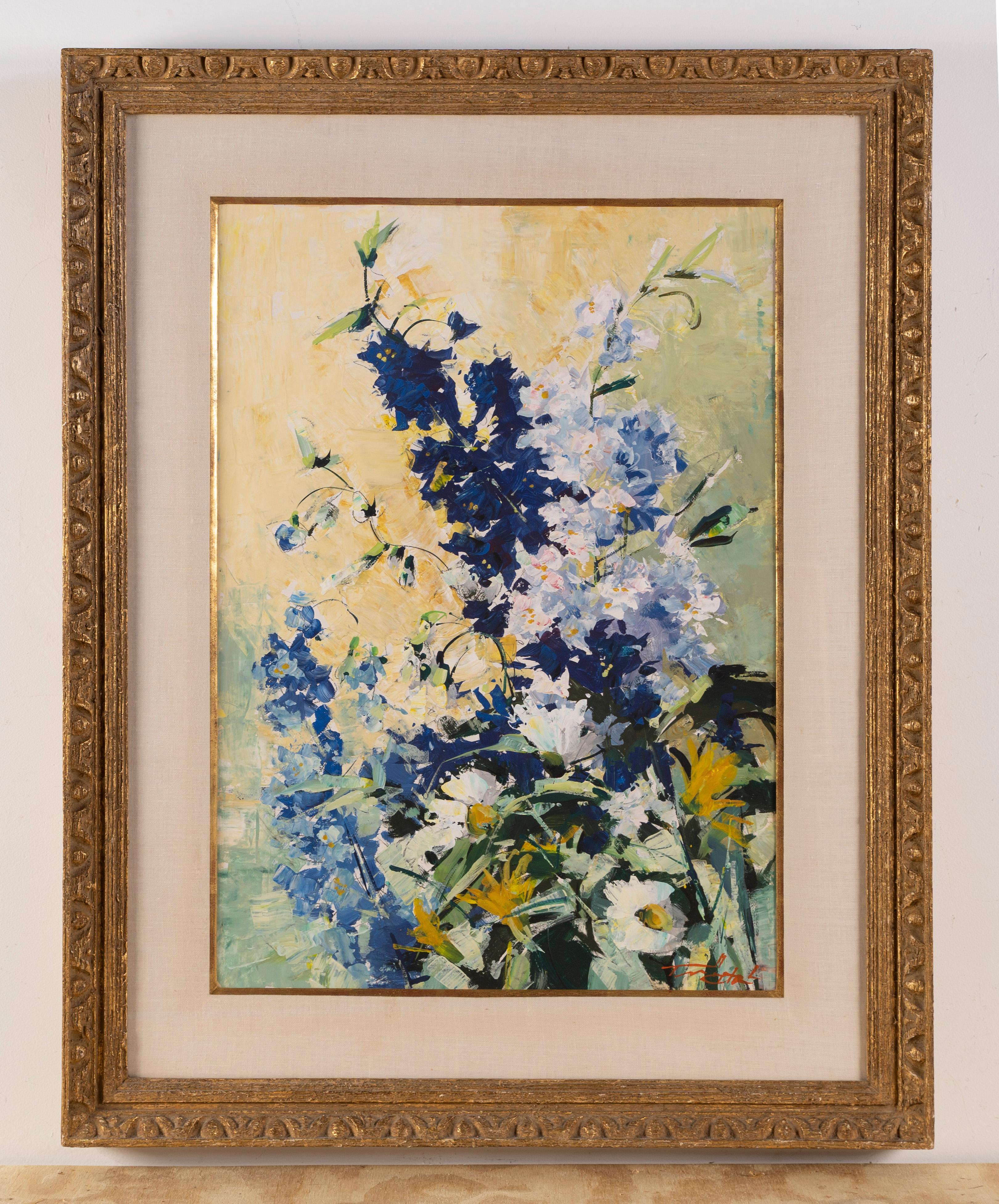 Ancien cadre de peinture impressionniste américain d'époque, grande nature morte à fleurs, période - Painting de Unknown
