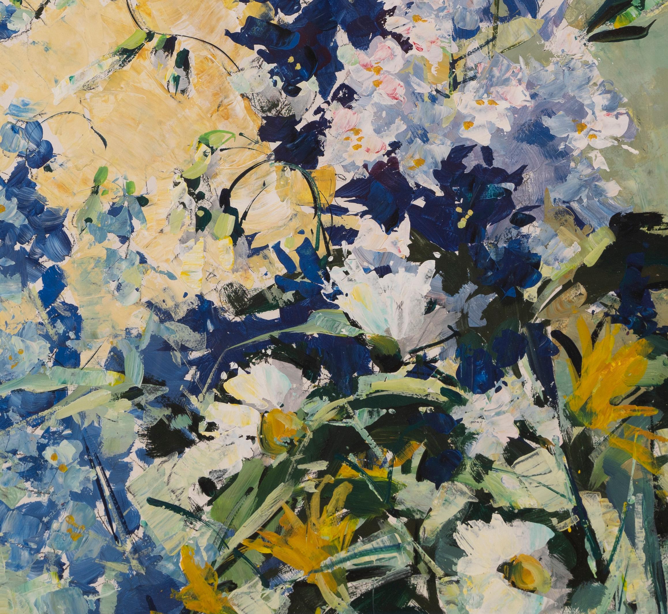 Bodegón floral modernista americano de época. Acuarela y gouache, hacia 1970.  Firmado.   Alojada en un marco Heydenryk realmente encantador.