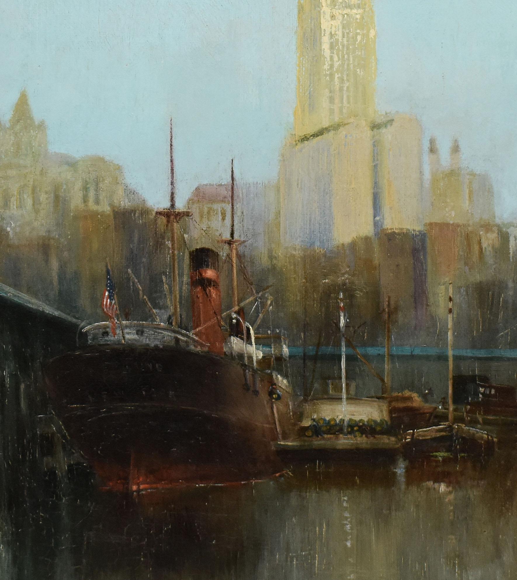 Antique American Impressionist Lower Manhattan Dock Scene Ashcan Oil Painting - Black Landscape Painting by Unknown