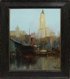 Antique American Impressionist Lower Manhattan Dock Scene Ashcan Oil Painting