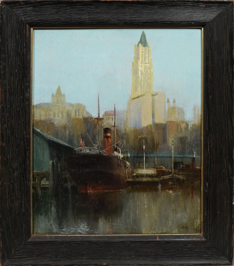 Unknown Landscape Painting - Antique American Impressionist Lower Manhattan Dock Scene Ashcan Oil Painting
