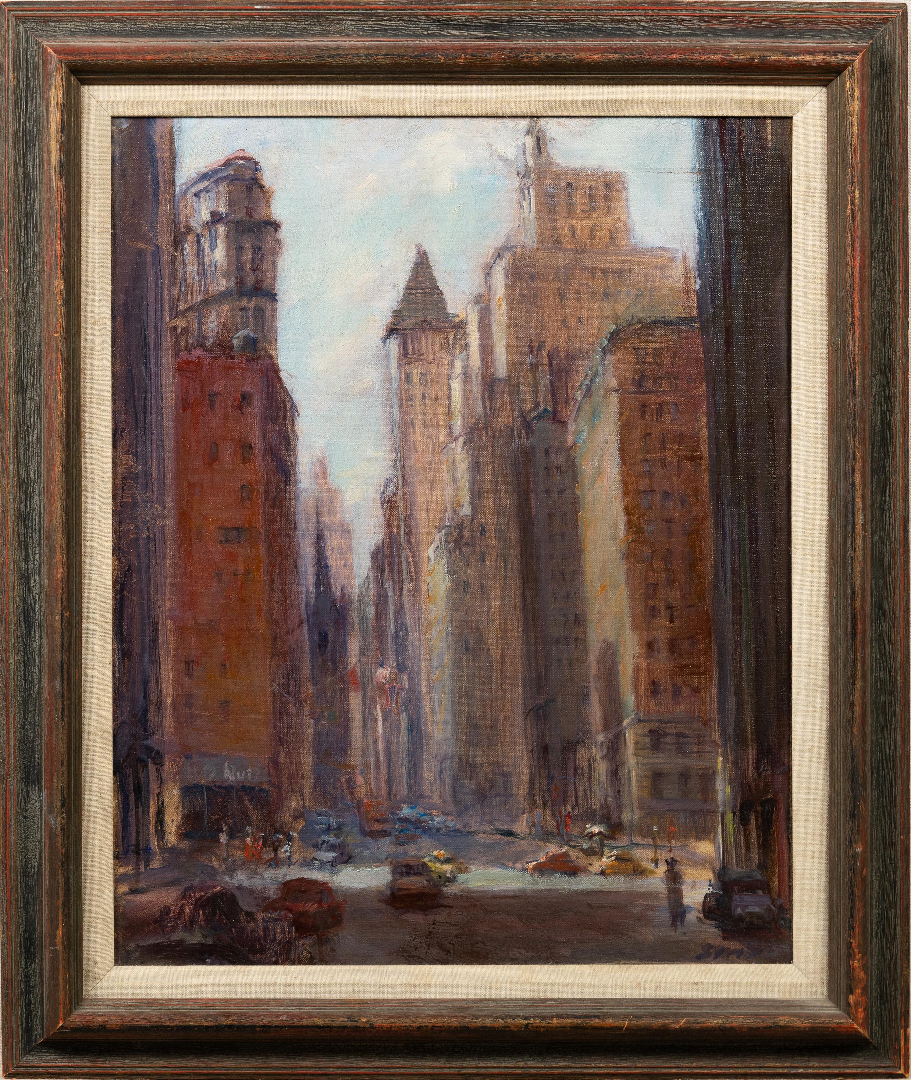 Antique American impressionist street scene oil painting by Anthony Springer (1928 - 1995). Oil on canvas. Framed. Signed. Image size size, 21H x 17L.