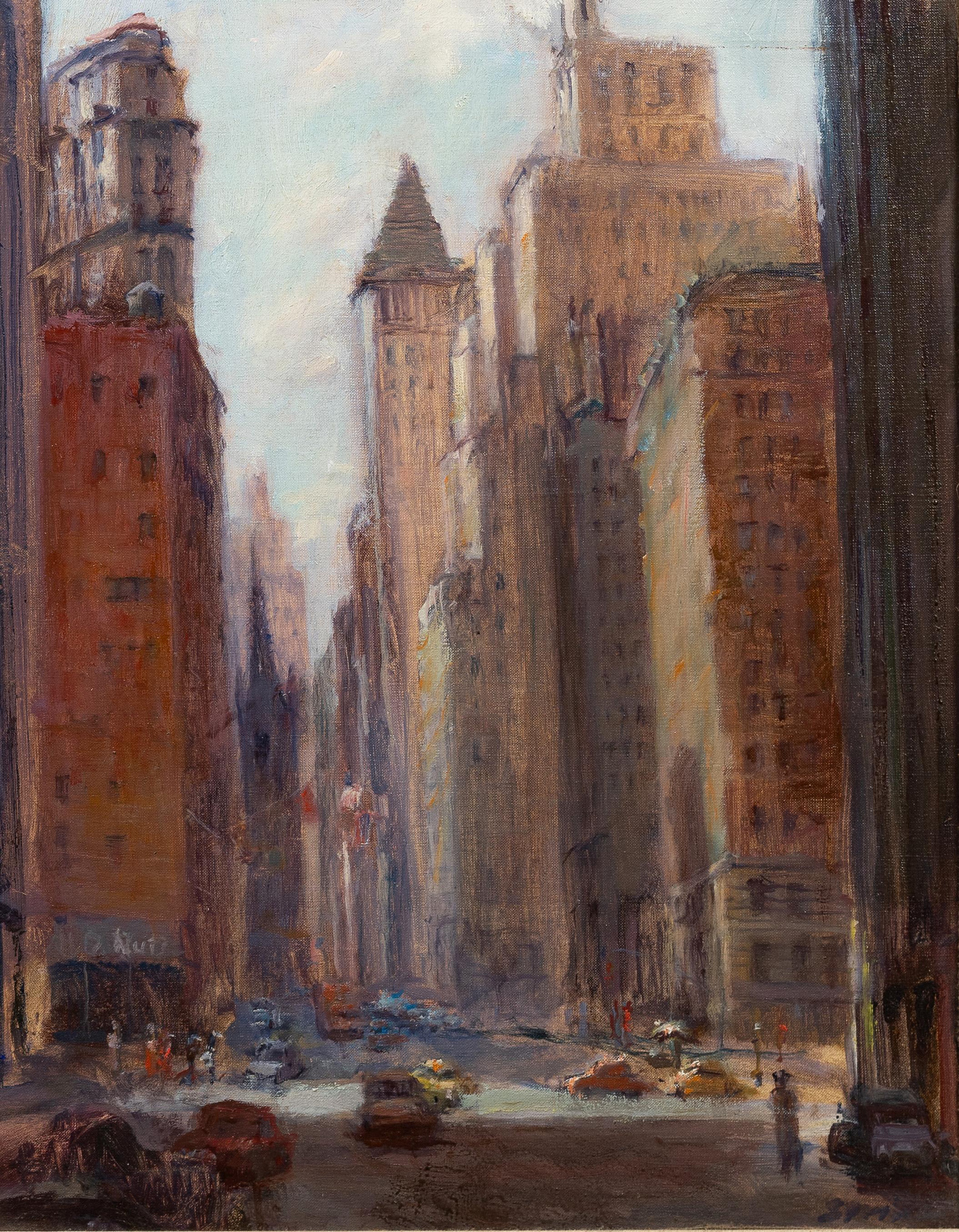 Antikes amerikanisches impressionistisches Gemälde, Lower Manhattan, New Yorker Straßenszene, Gemälde 1