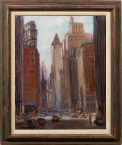 Ancienne peinture impressionniste américaine représentant une scène de rue de Lower Manhattan, New York