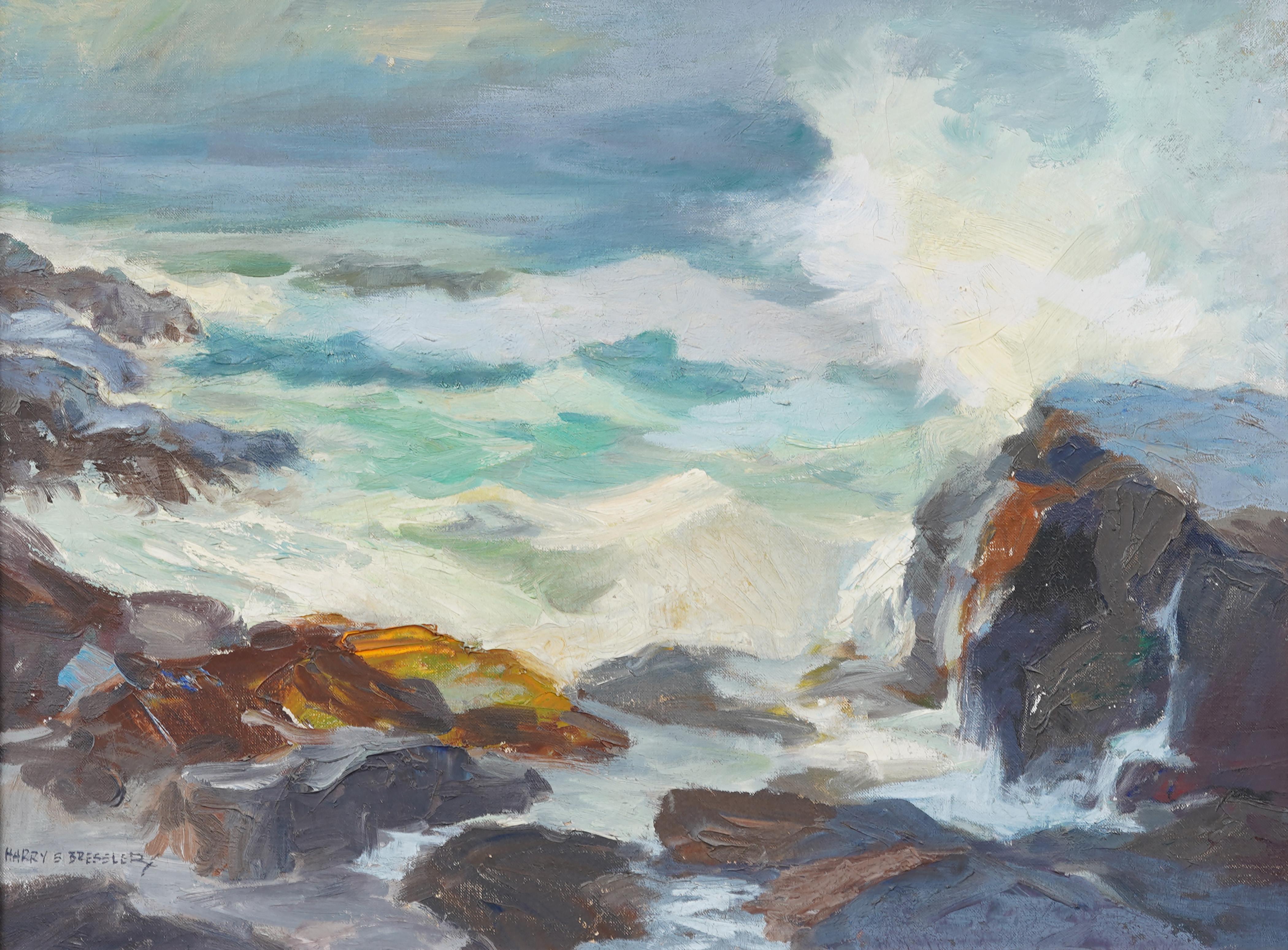 Very nicely painted American impressionist seascape painting.  Oil on canvas.  Signed.  Housed in a period frame.  Packed with action and detail.  Excellent ready to hang condition.  Image size, 24
