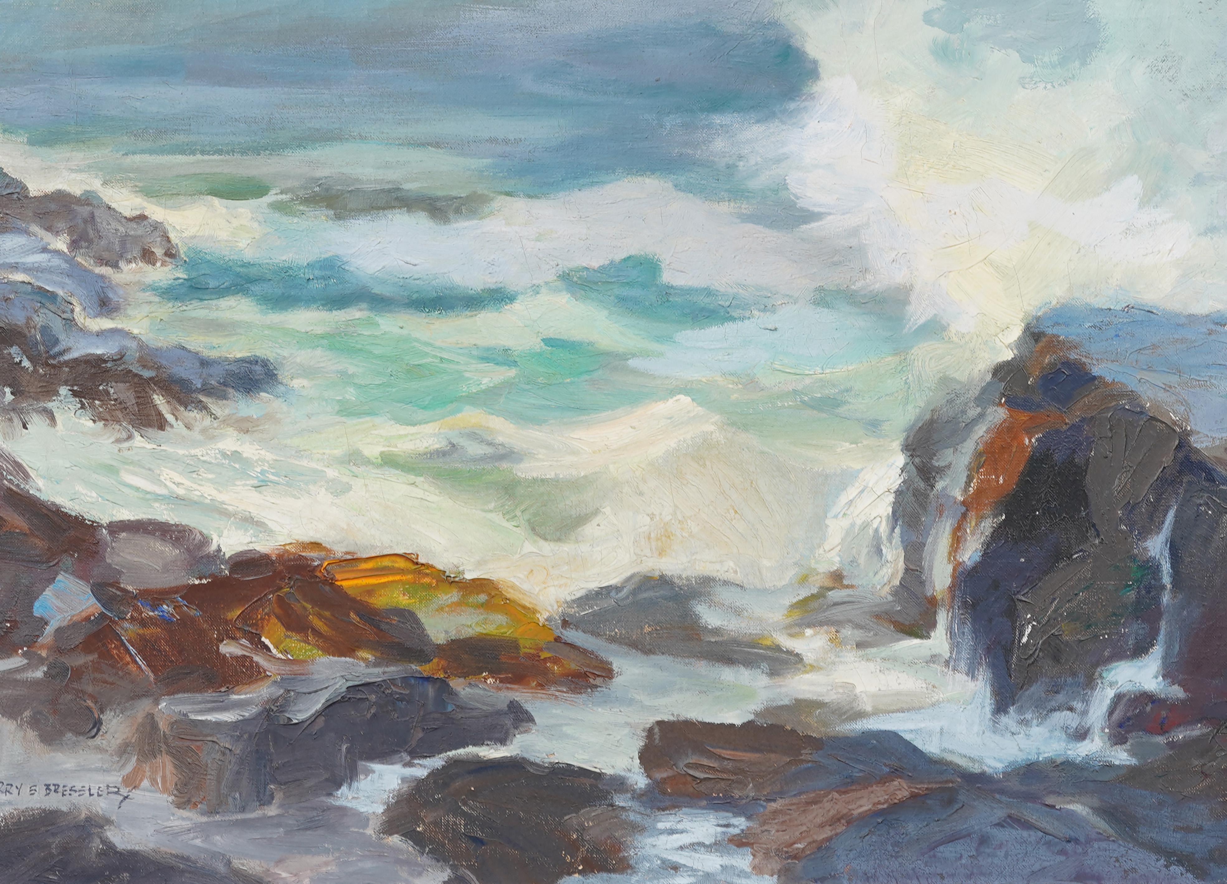 Antique American Impressionist Monhegan Maine Crashing Surf Seascape Painting For Sale 1