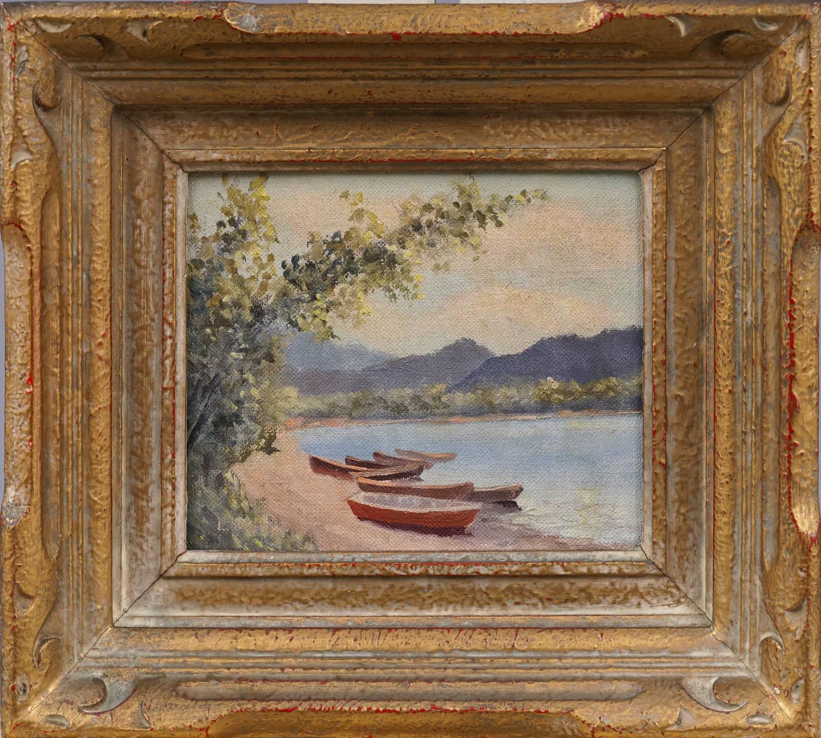 Antiguo cuadro al óleo impresionista americano Paisaje lacustre de montaña enmarcado - Painting de Unknown