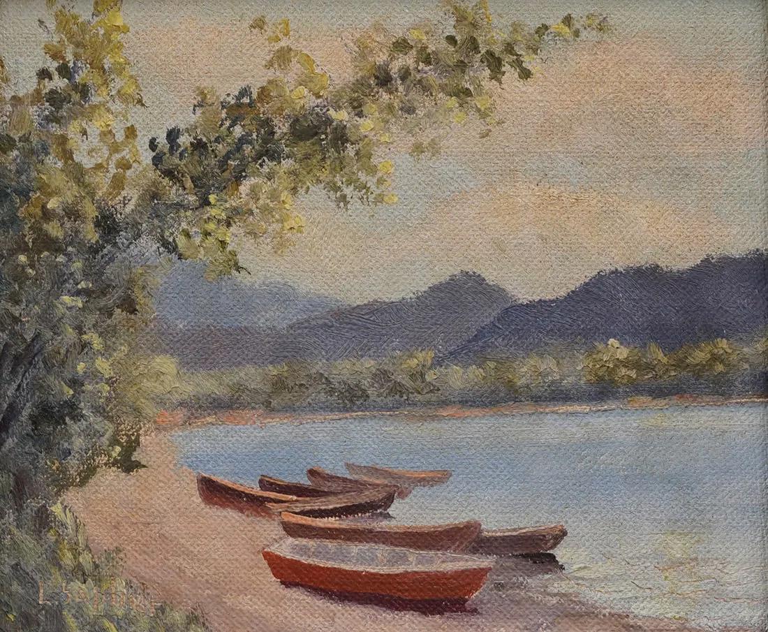 Antiguo cuadro al óleo impresionista americano Paisaje lacustre de montaña enmarcado - Painting Impresionista de Unknown