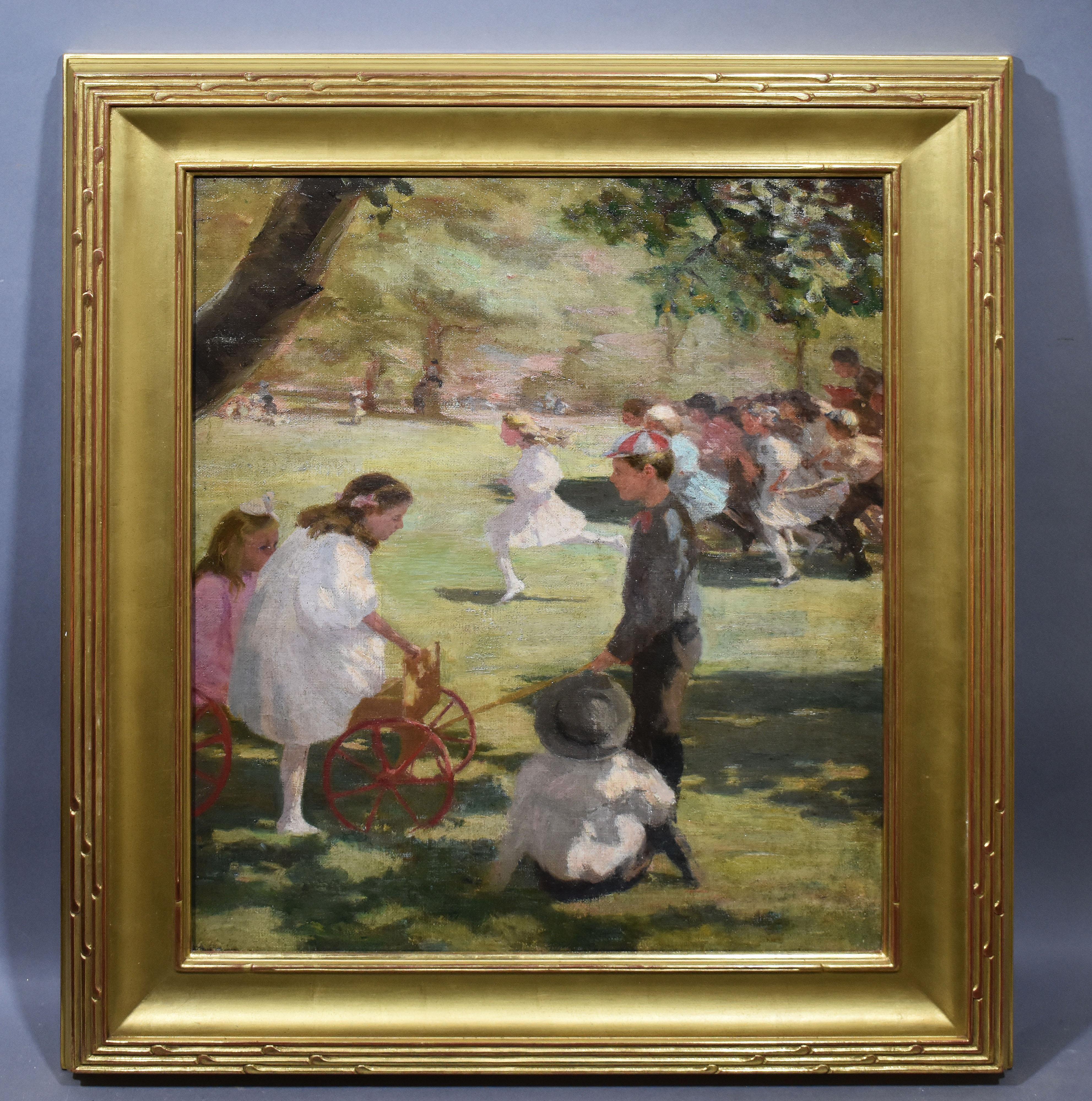 Antique American Impressionist Kids Playing 19th Century Landscape Painting For Sale 1