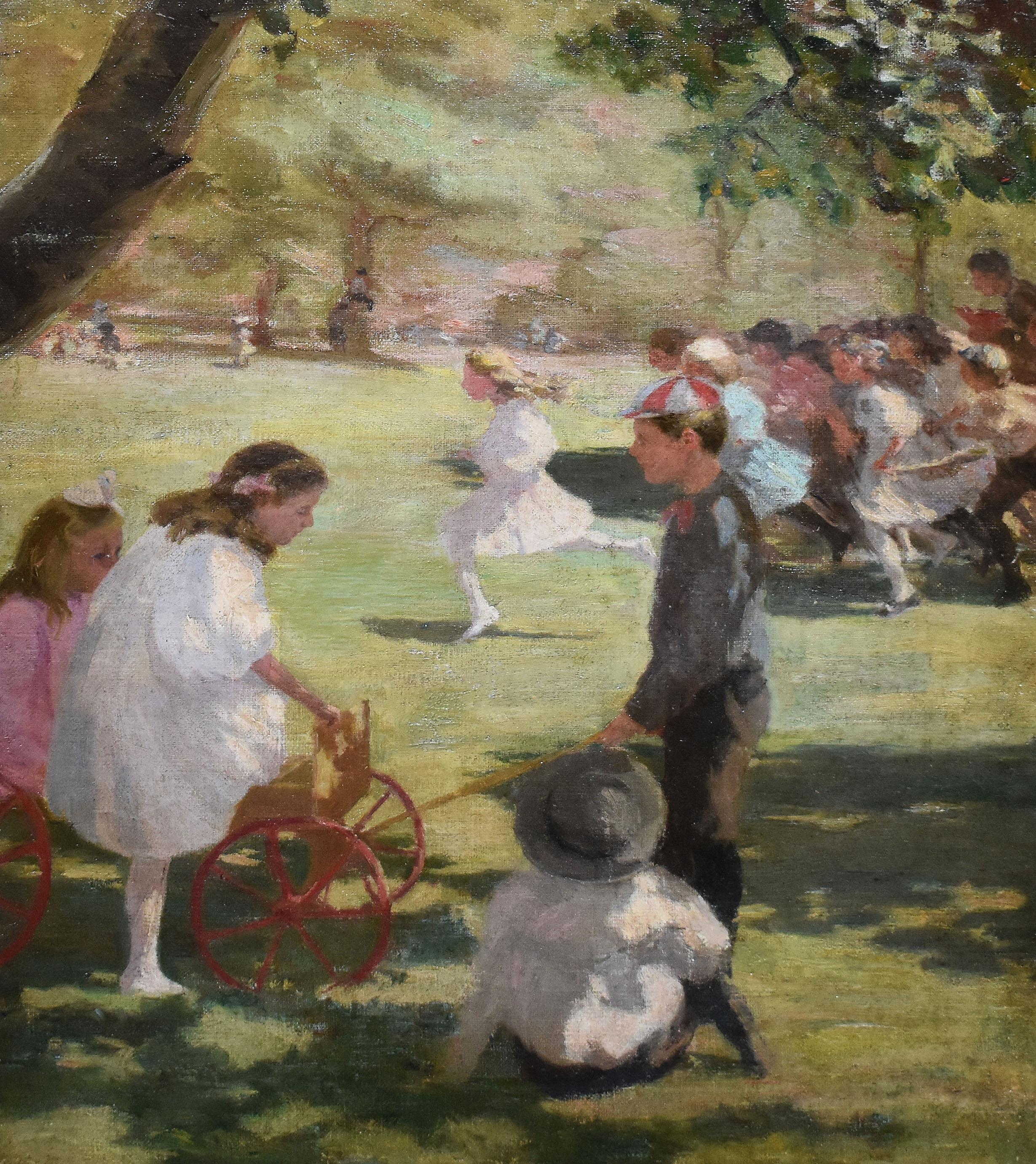 Enfants impressionnistes américains jouant sur une peinture de paysage originale - Impressionnisme Painting par Unknown