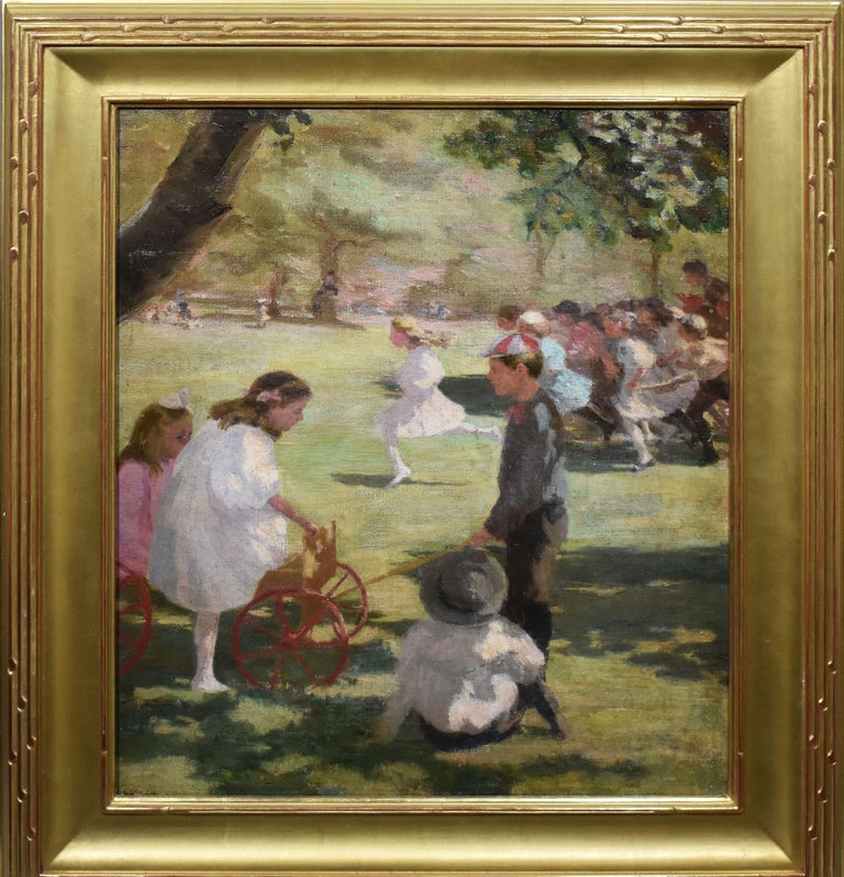 Antique American impressionist painting of kids in a park. Oil on canvas, circa 1920. Unsigned. Displayed in a giltwood frame. Image size, 18"L x 22"H.
