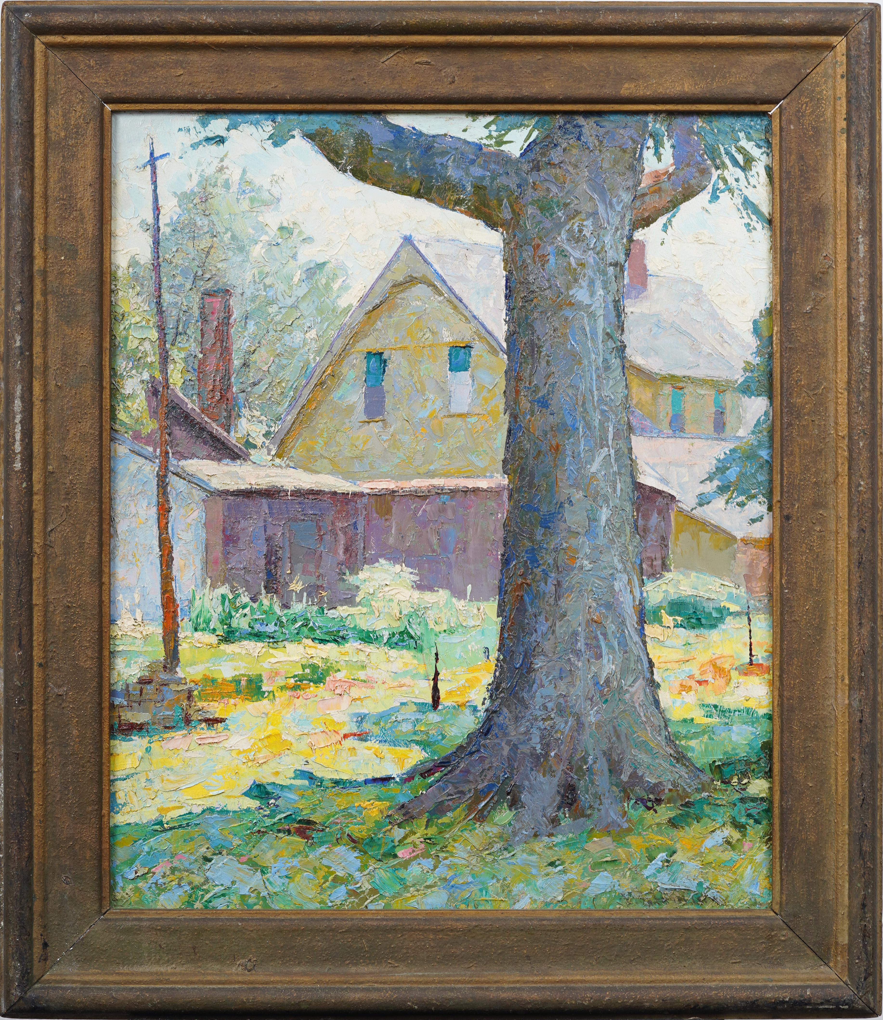 Antique American Impressionist New England Backyard Fauvist Landscape Painting For Sale 1