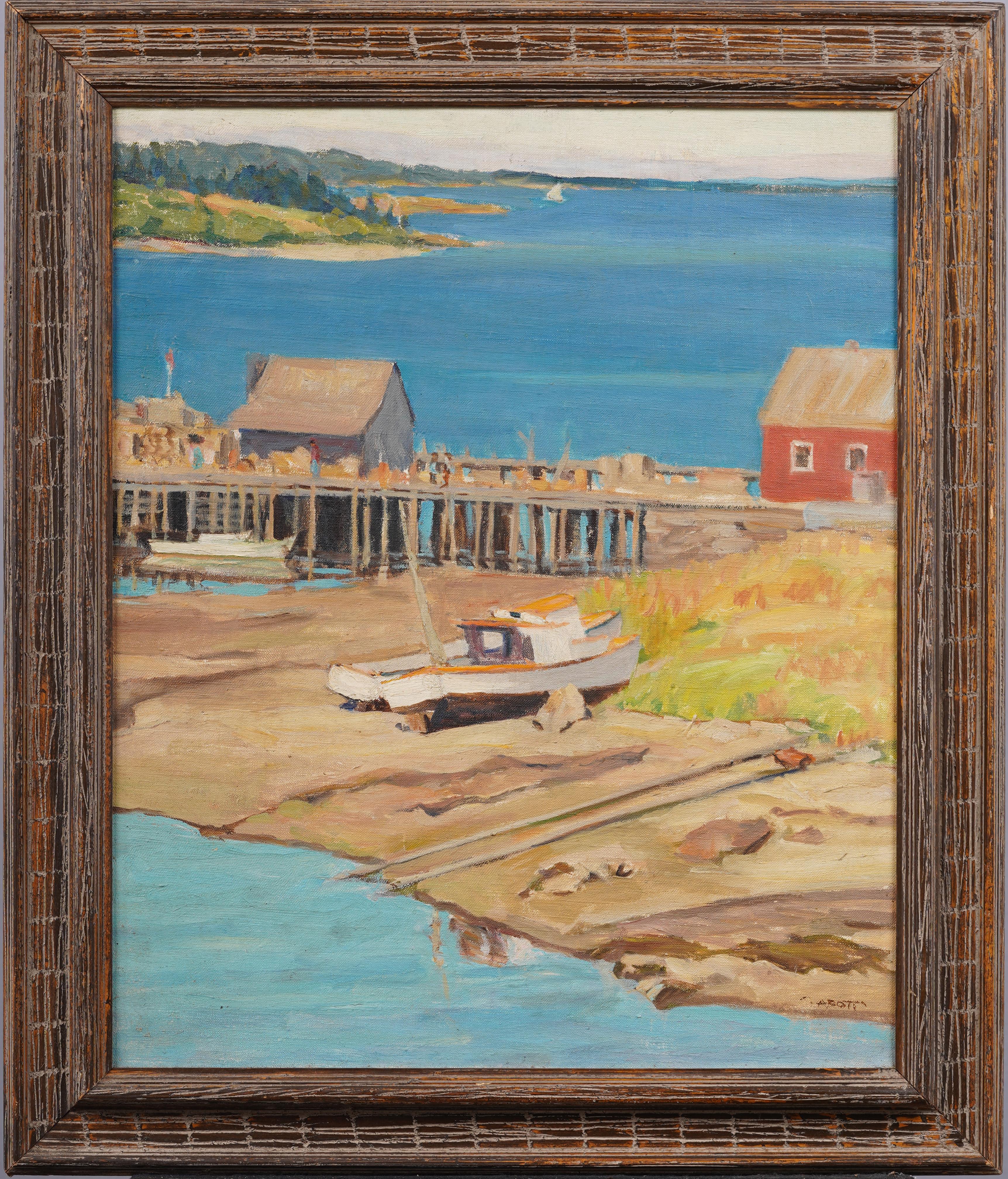 Antico dipinto ad olio con cornice dell'impressionista americano New England Coastal Seascape - Painting di Unknown