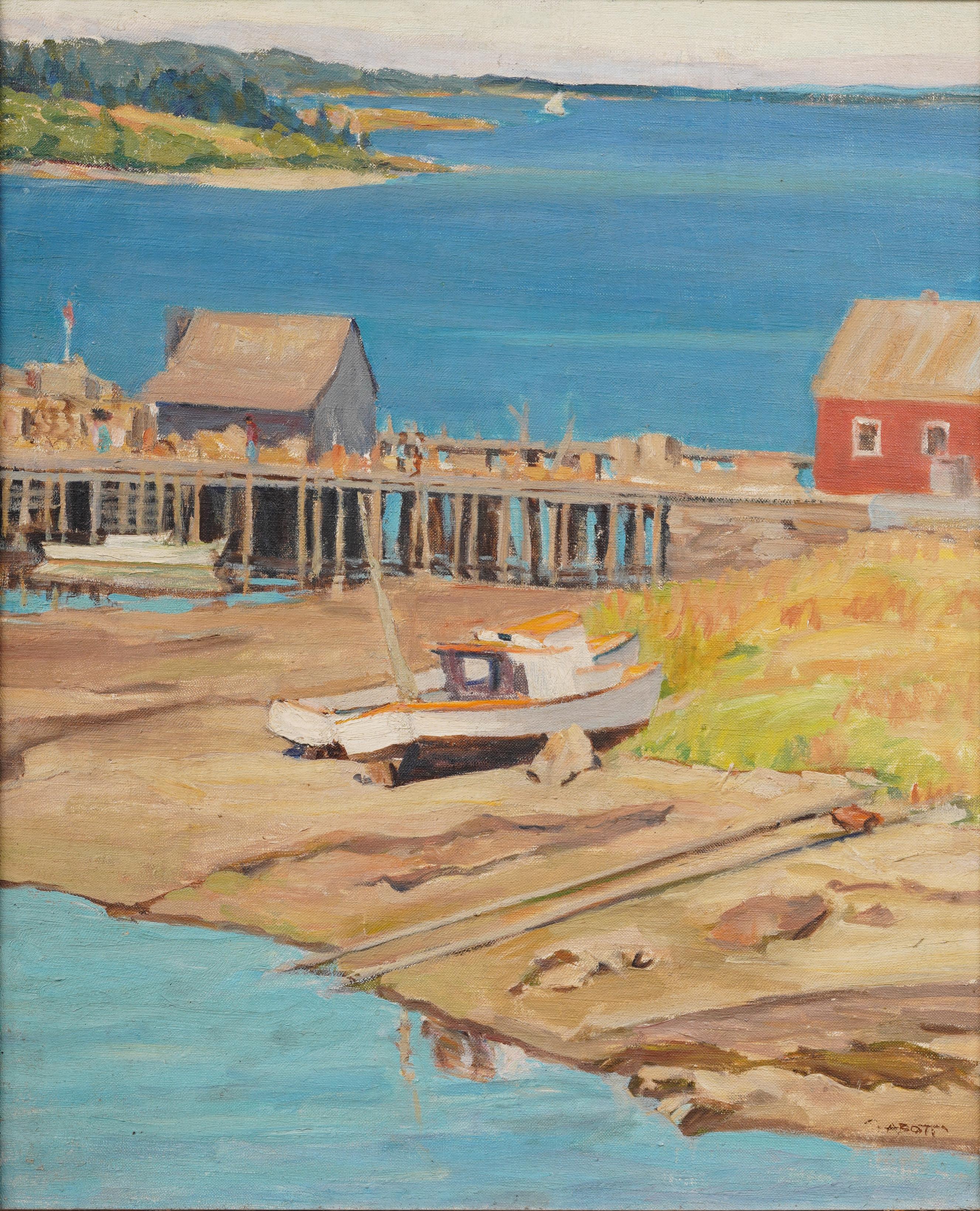 Antico dipinto ad olio con cornice dell'impressionista americano New England Coastal Seascape - Painting Impressionismo di Unknown