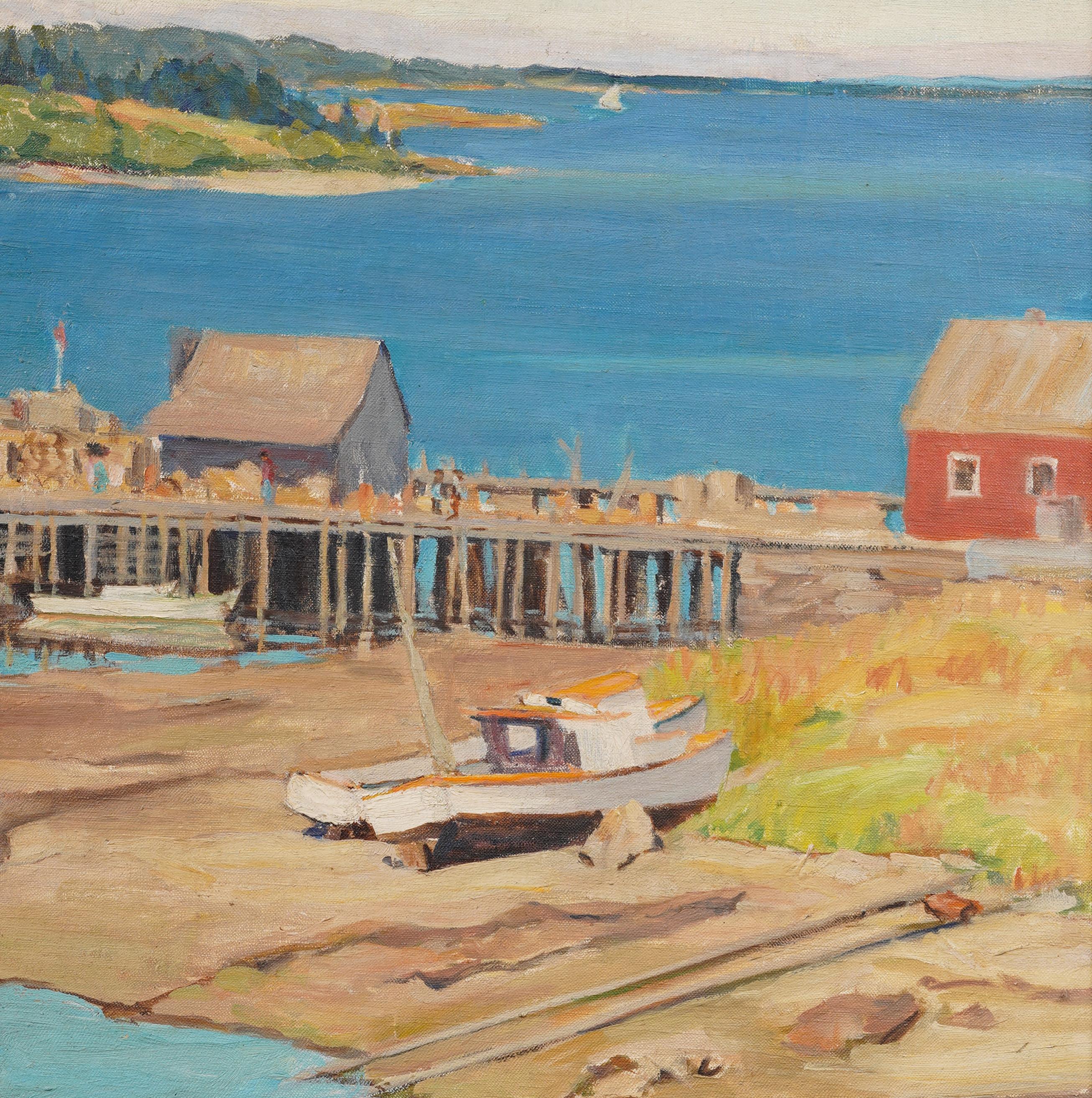 Antico dipinto ad olio con cornice dell'impressionista americano New England Coastal Seascape - Landscape Painting Grigio di Unknown