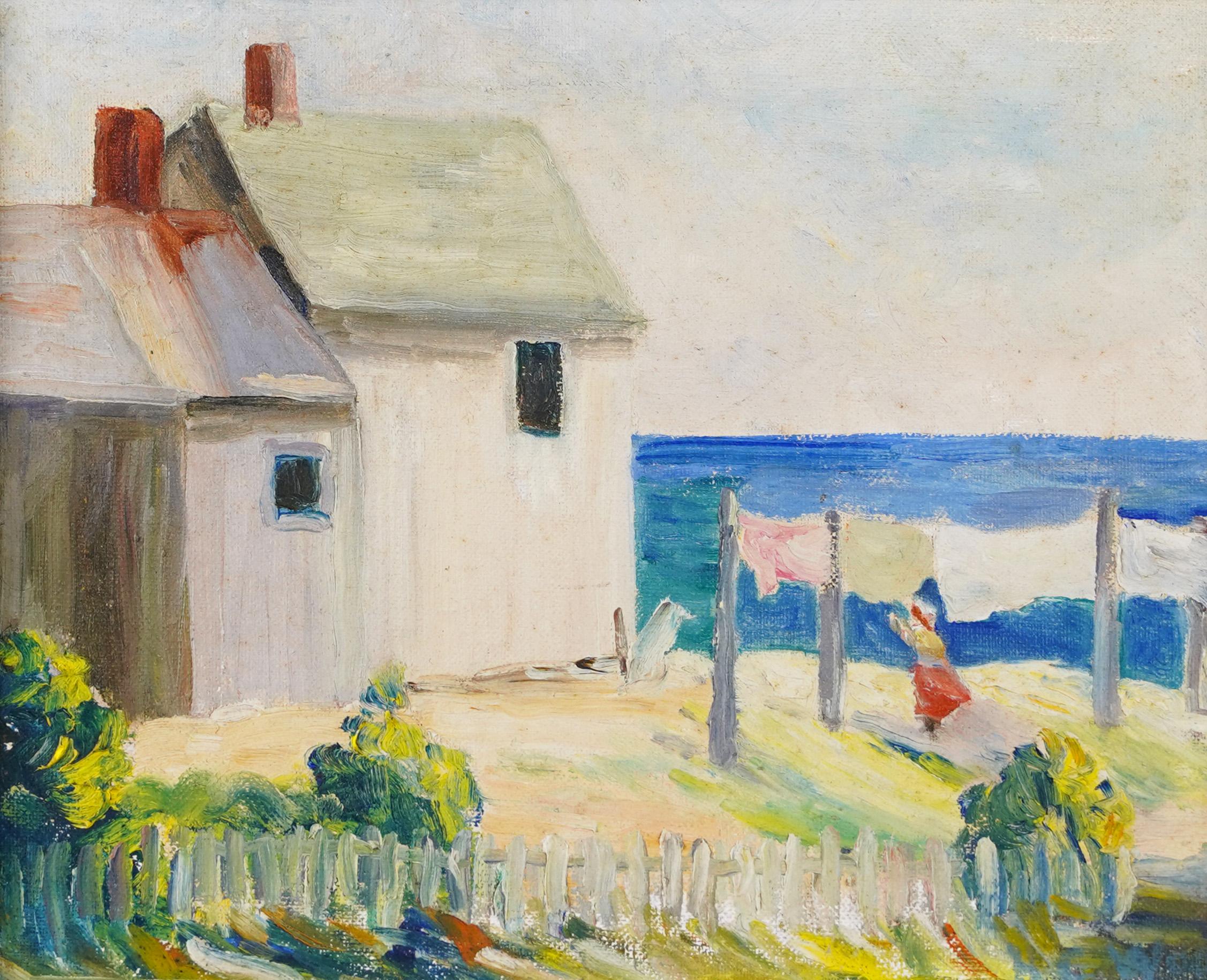 Antique American Impressionist New England Coastal Seascape Town View Painting 1