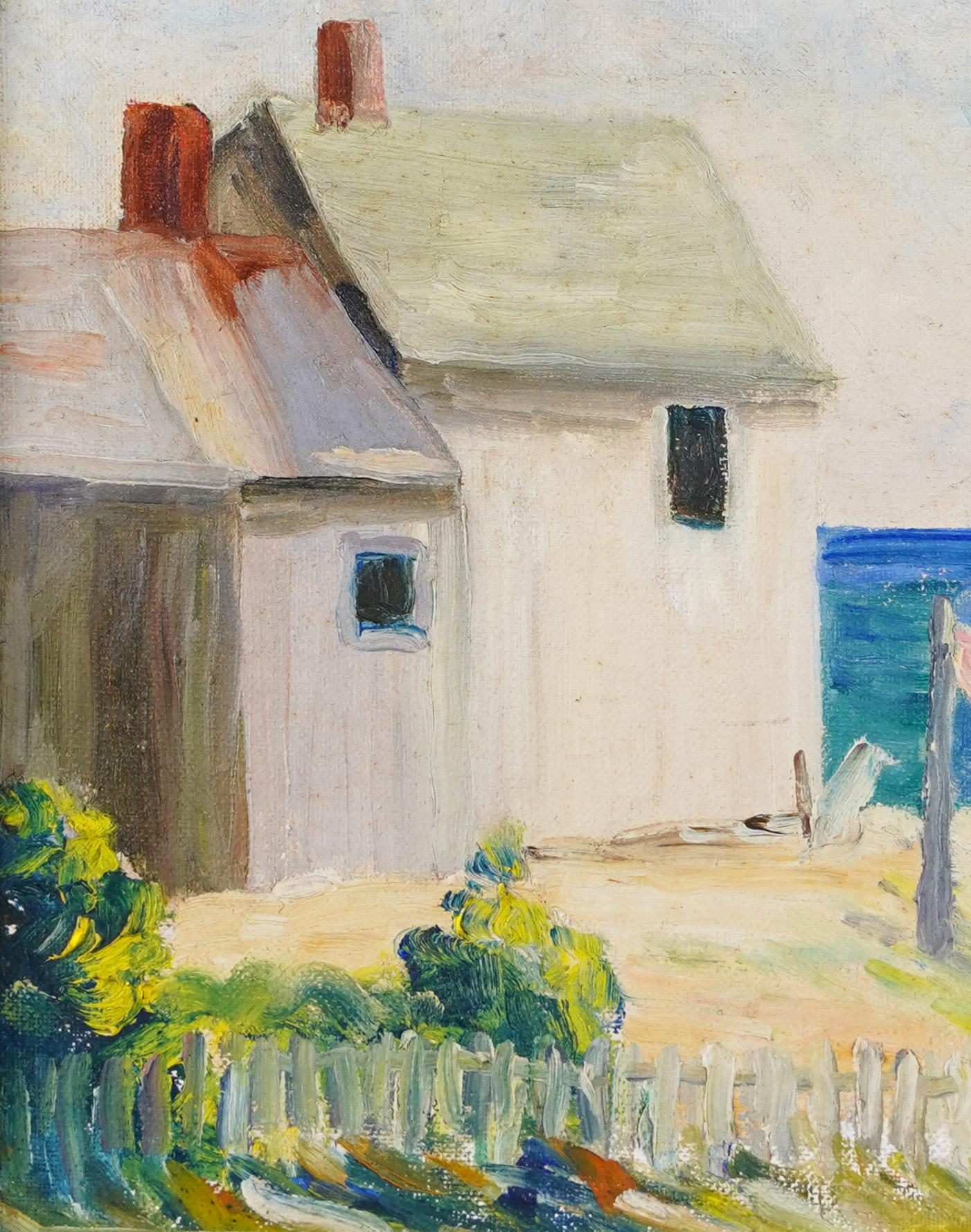 Antique American Impressionist New England Coastal Seascape Town View Painting 2