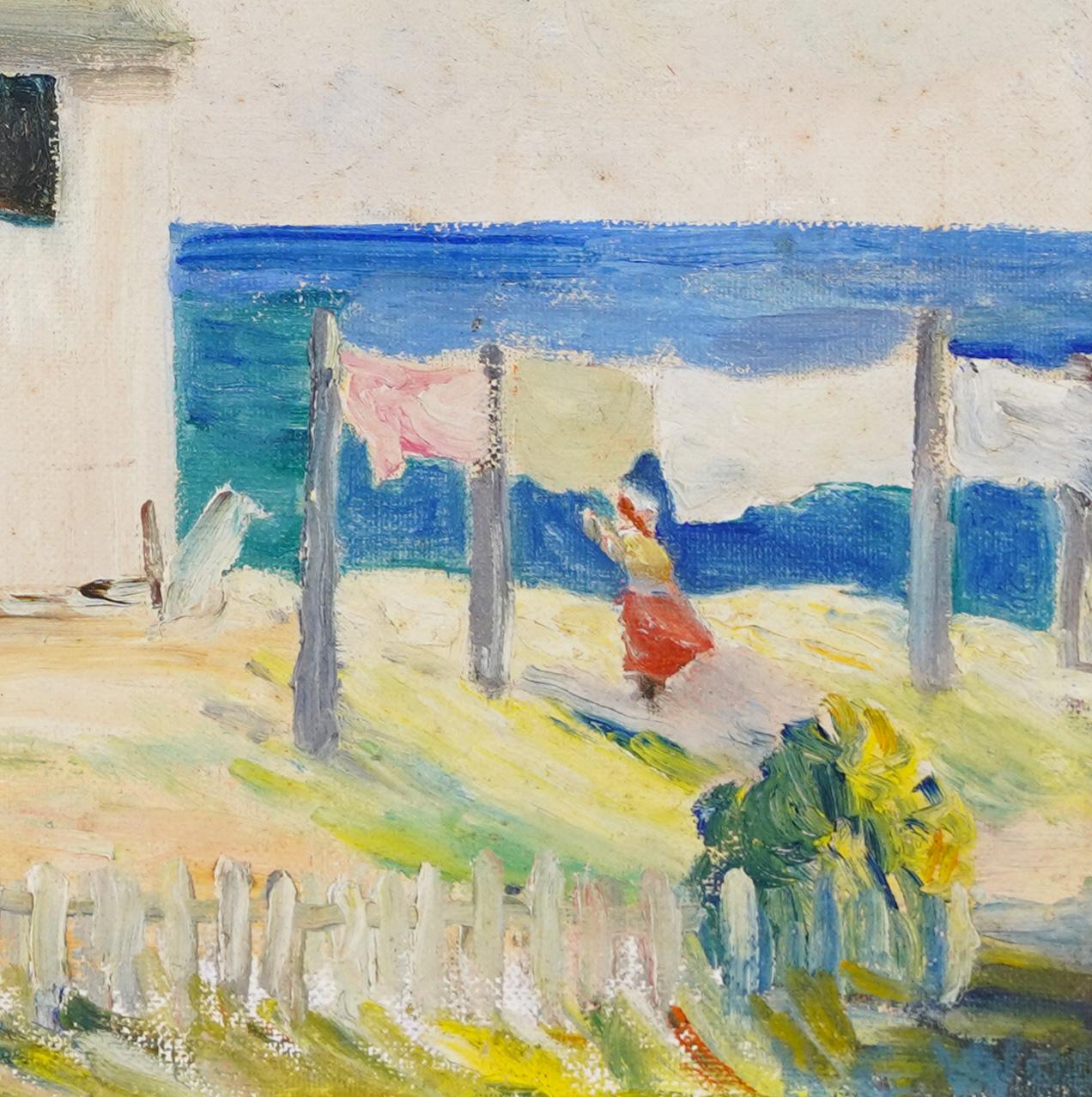 Antique American Impressionist New England Coastal Seascape Town View Painting 3