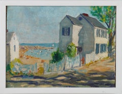 Antique American Impressionist New England Coastal Seascape Town View Painting