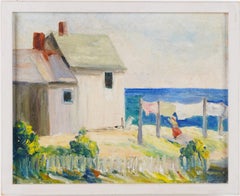 Antique American Impressionist New England Coastal Seascape Town View Painting
