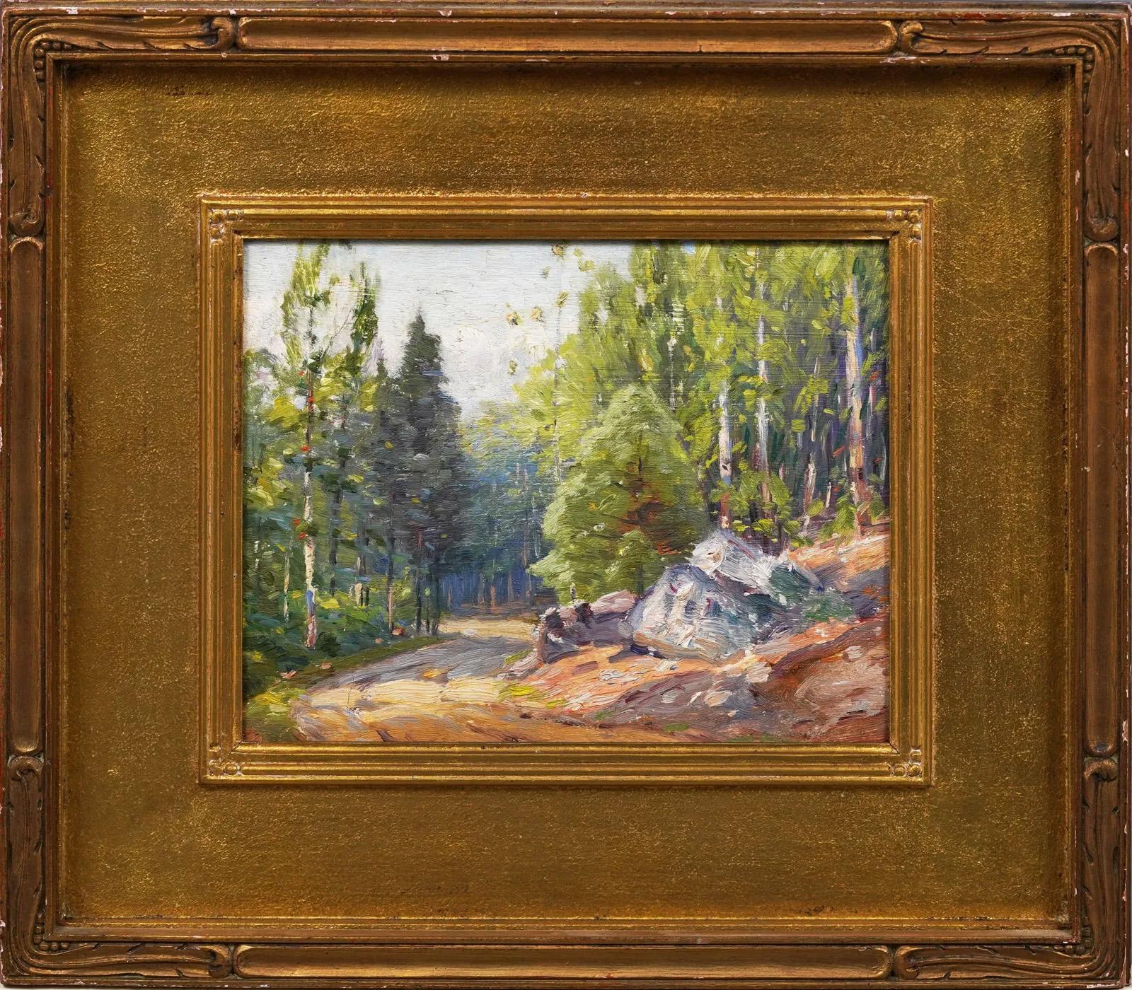 Antiguo cuadro impresionista americano Paisaje interior del bosque de Nueva Inglaterra - Painting de Unknown
