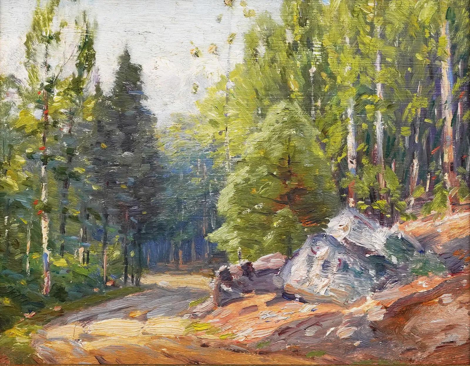 Antiguo cuadro impresionista americano Paisaje interior del bosque de Nueva Inglaterra - Painting Impresionista de Unknown