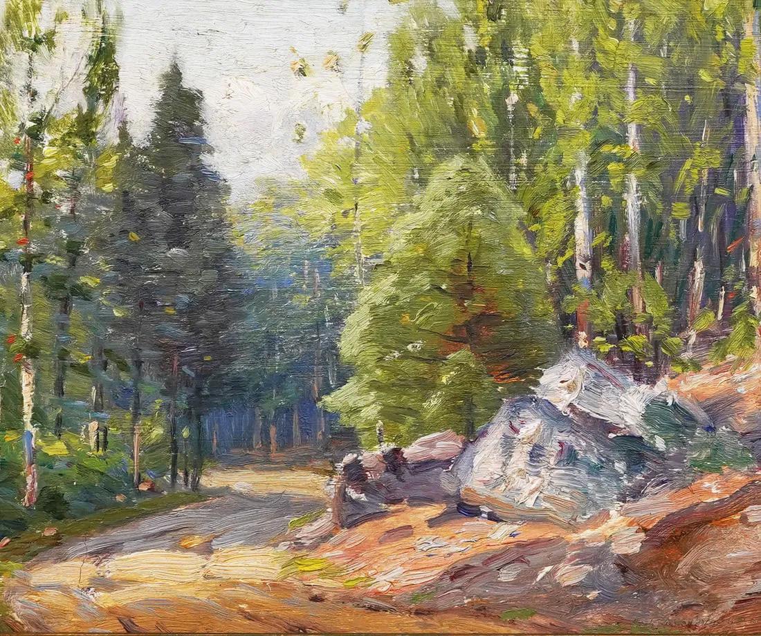 Antiguo cuadro impresionista americano Paisaje interior del bosque de Nueva Inglaterra - Landscape Painting Marrón de Unknown