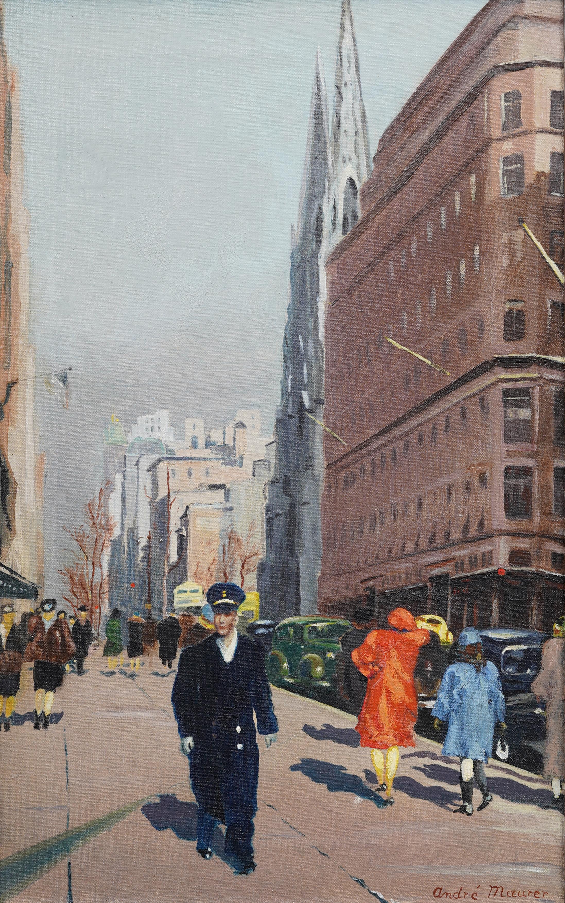 Antico paesaggio urbano di New York, impressionista americano, dipinto ad olio originale con cornice - Painting Impressionismo di Unknown
