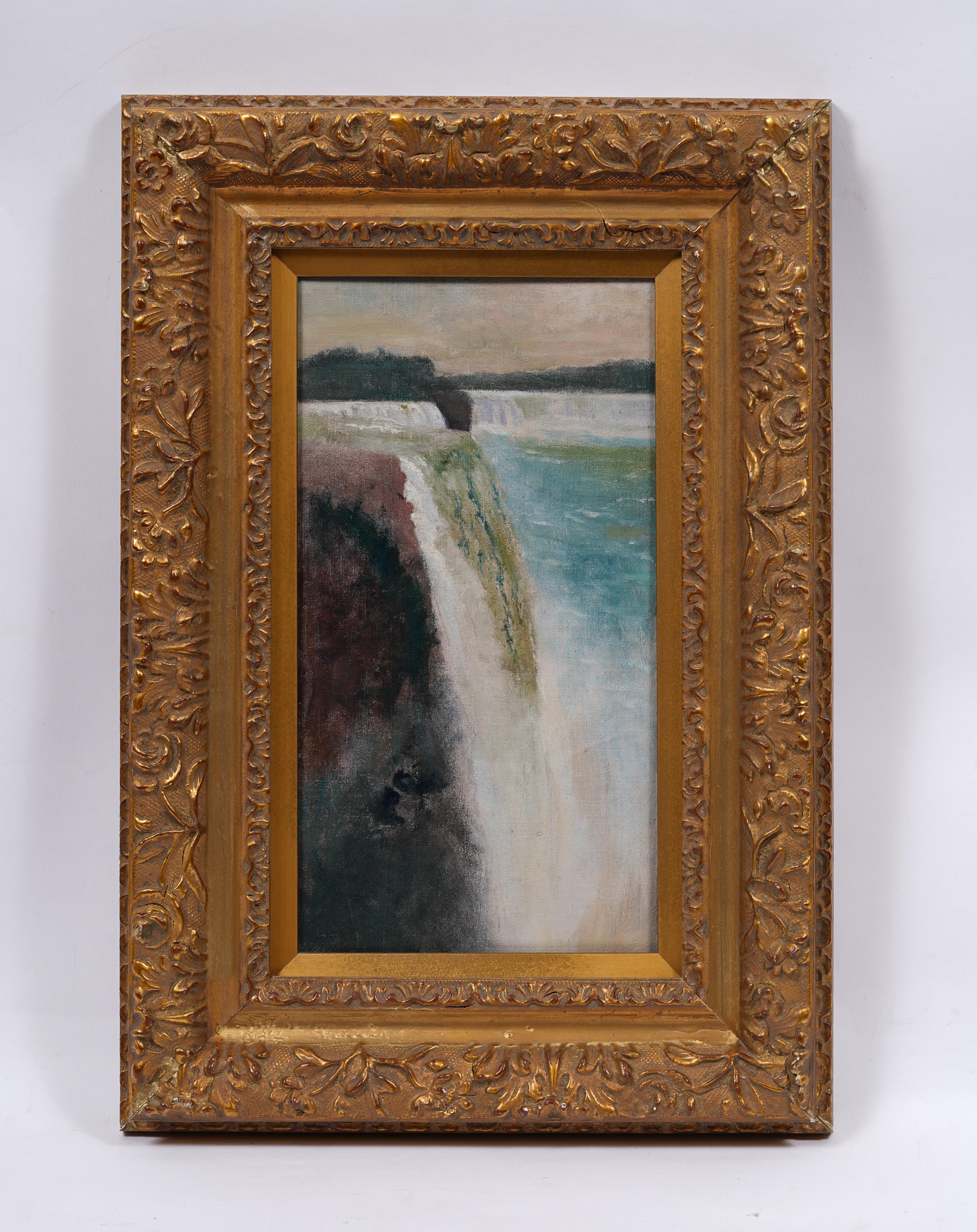 Ancienne peinture à l'huile impressionniste américaine encadrée représentant un paysage des chutes du Niagara - Hudson River School Painting par Unknown
