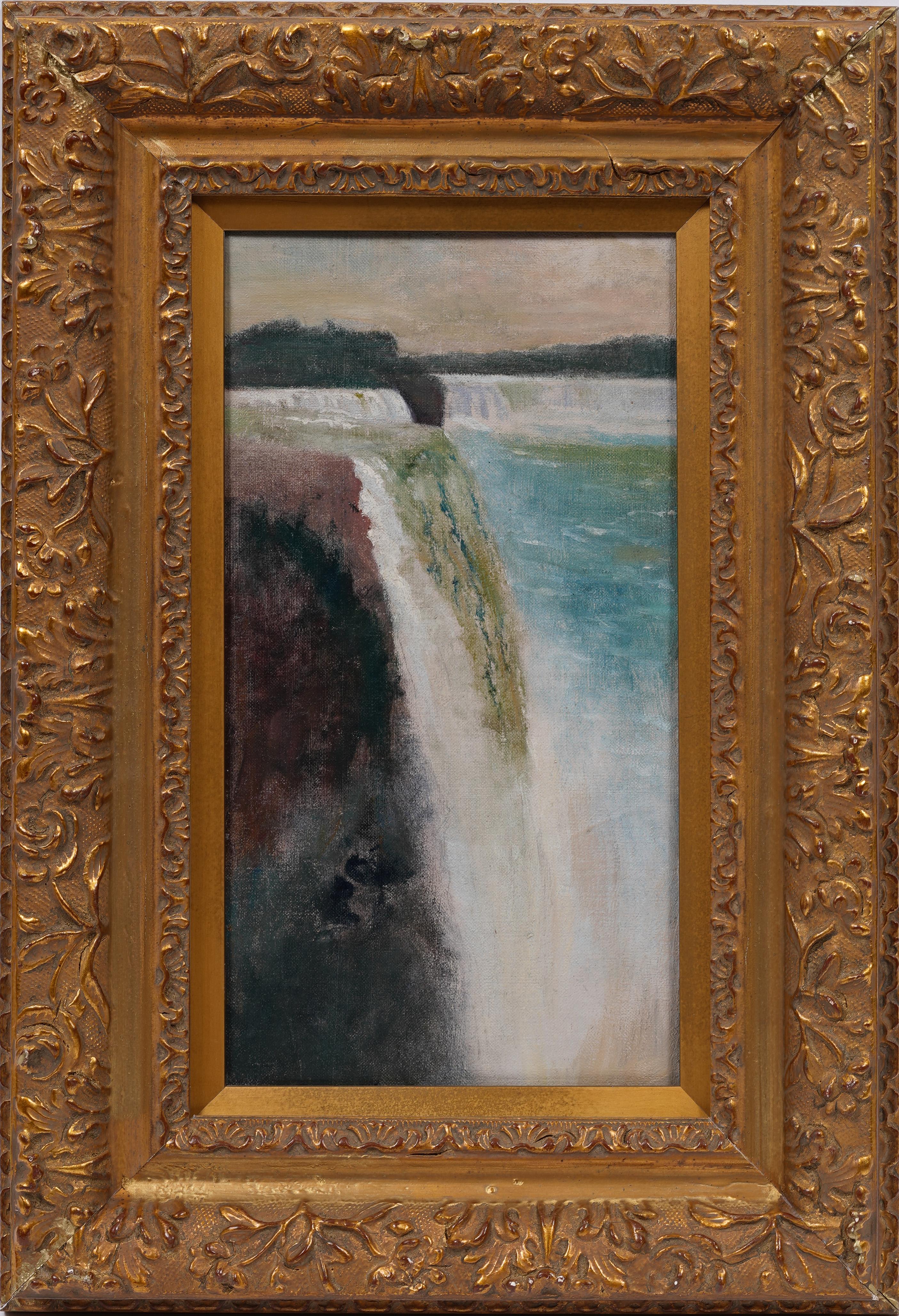Landscape Painting Unknown - Ancienne peinture à l'huile impressionniste américaine encadrée représentant un paysage des chutes du Niagara