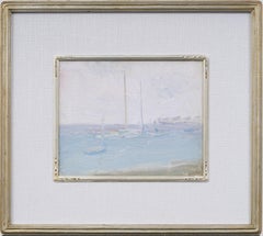 Antique American Impressionist Nicely Framed Hazy Harbor Seascape Oil Painting
