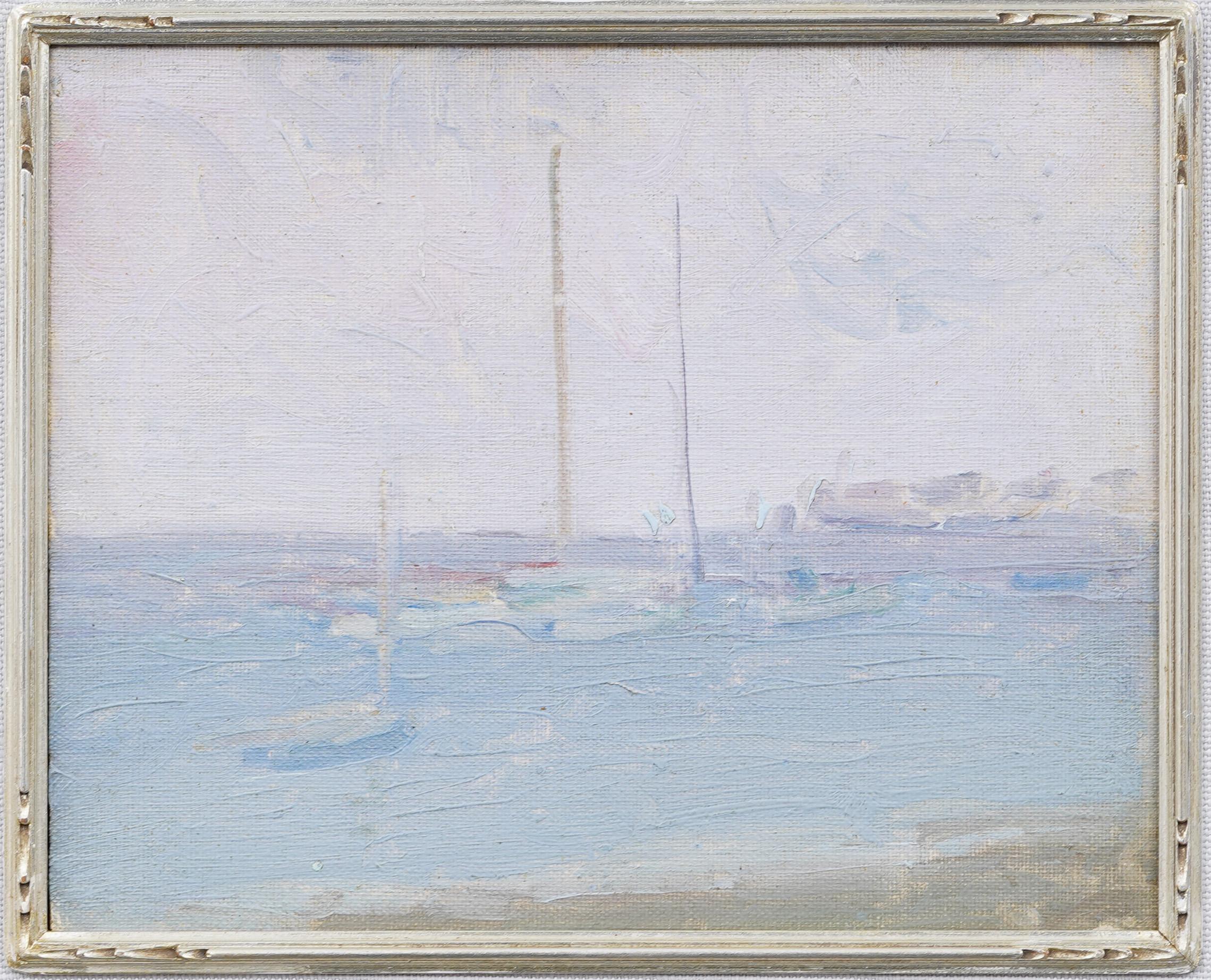 Antike amerikanische Impressionisten schön gerahmt Hazy Harbor Seascape Ölgemälde (Impressionismus), Painting, von Unknown