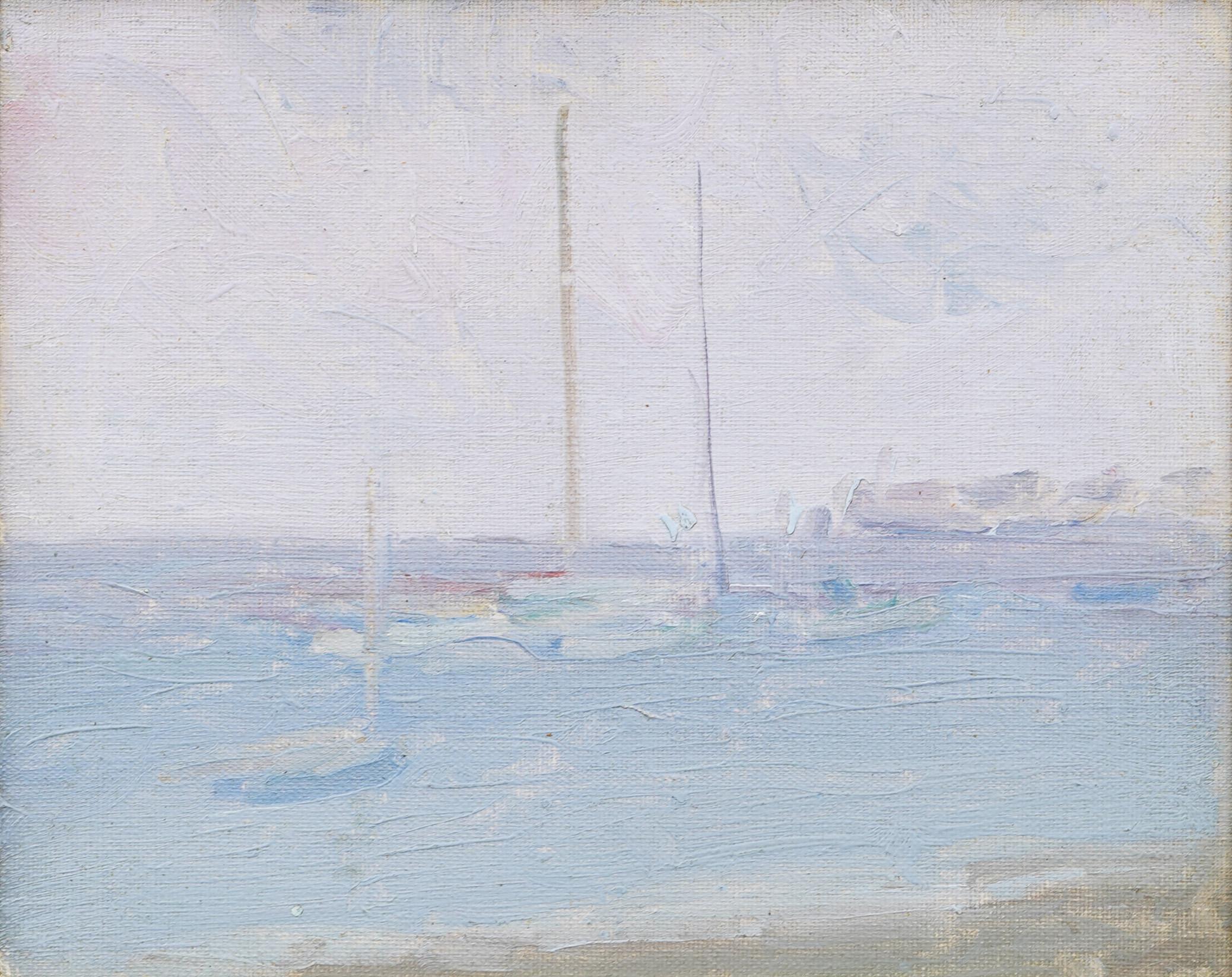 Antike amerikanische Impressionisten schön gerahmt Hazy Harbor Seascape Ölgemälde (Grau), Landscape Painting, von Unknown