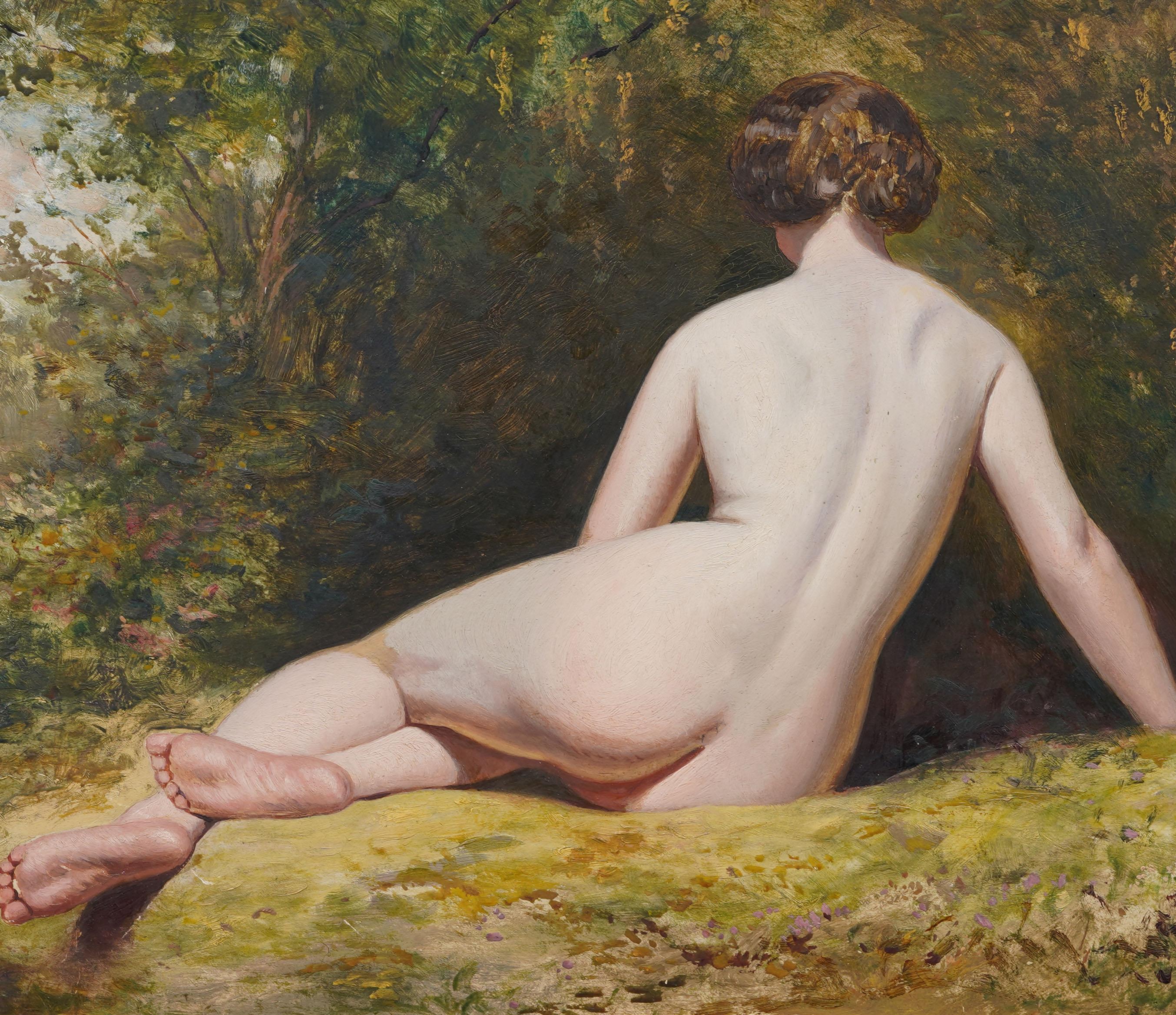 Ancienne peinture à l'huile impressionniste américaine représentant un portrait de nu et un paysage. Huile sur planche. Encadré. Dimensions : 18 par 22 pouces dans l'ensemble, et 14 par 18 pour la peinture seule.  En excellent état d'origine.