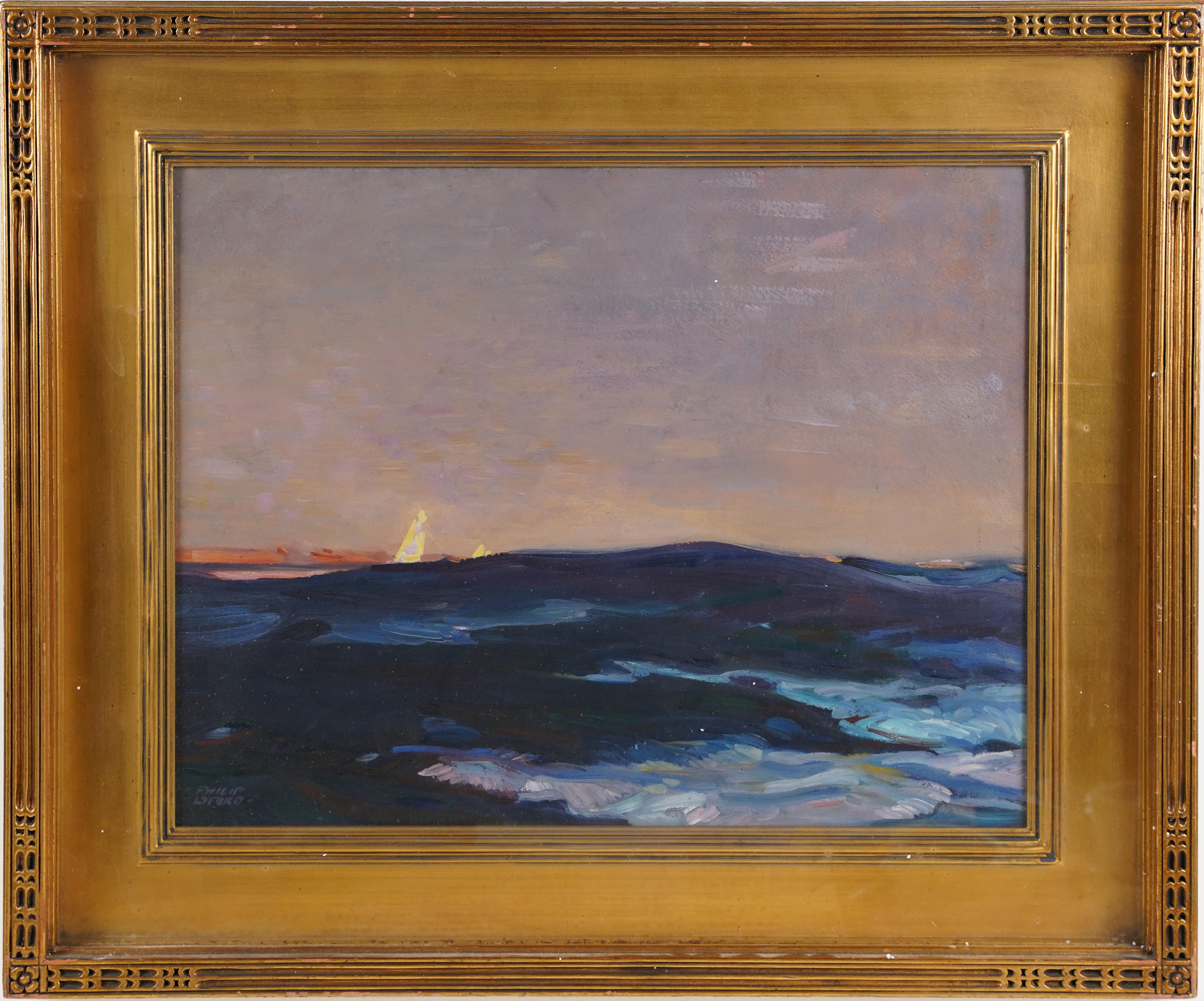 Unknown Landscape Painting - Antique American Impressionist Ocean Study Sunset Coastal Framed Oil Painting