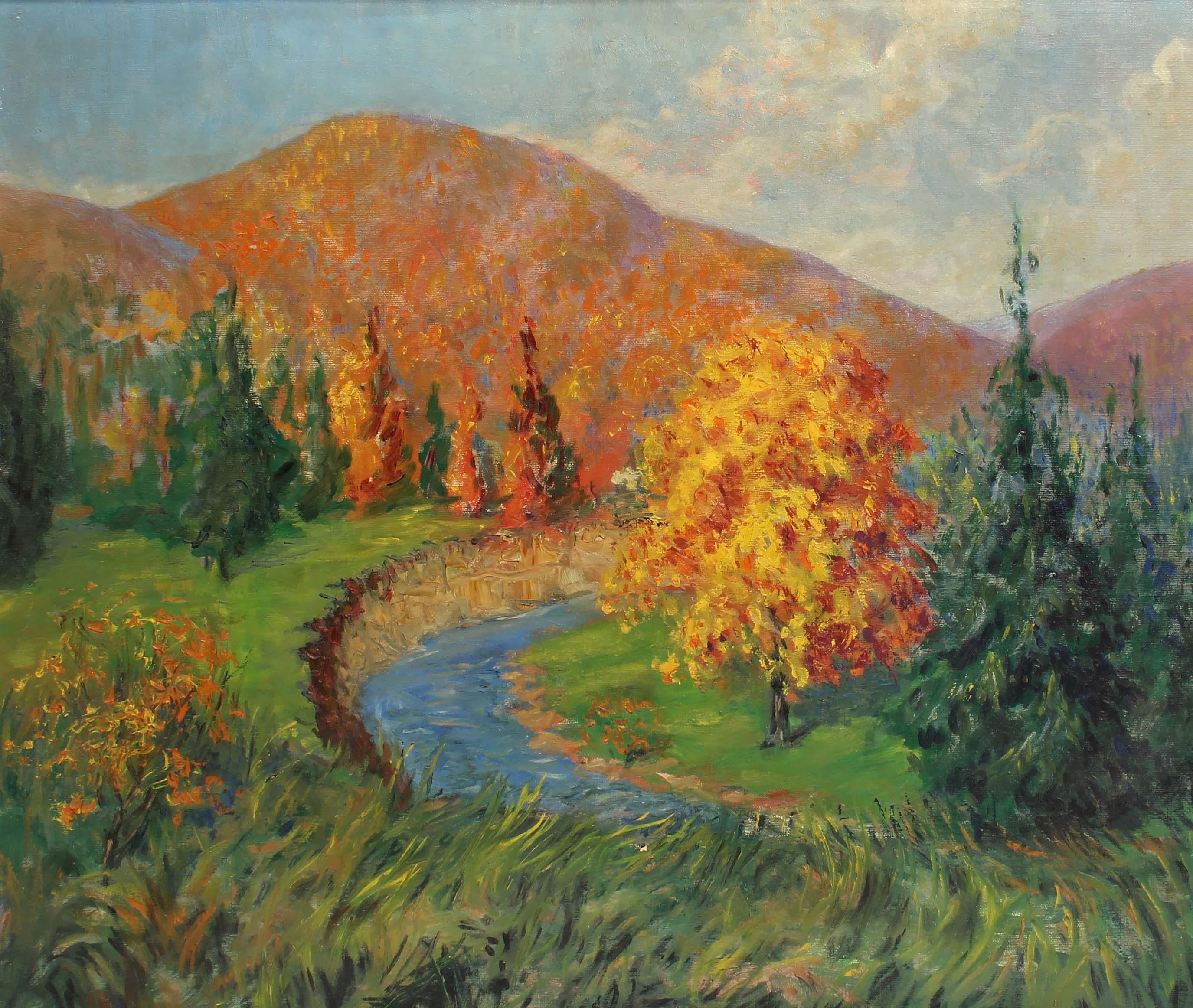 Ancienne peinture à l'huile impressionniste américaine, paysage d'automne, cadre sculpté d'origine - Painting de Unknown
