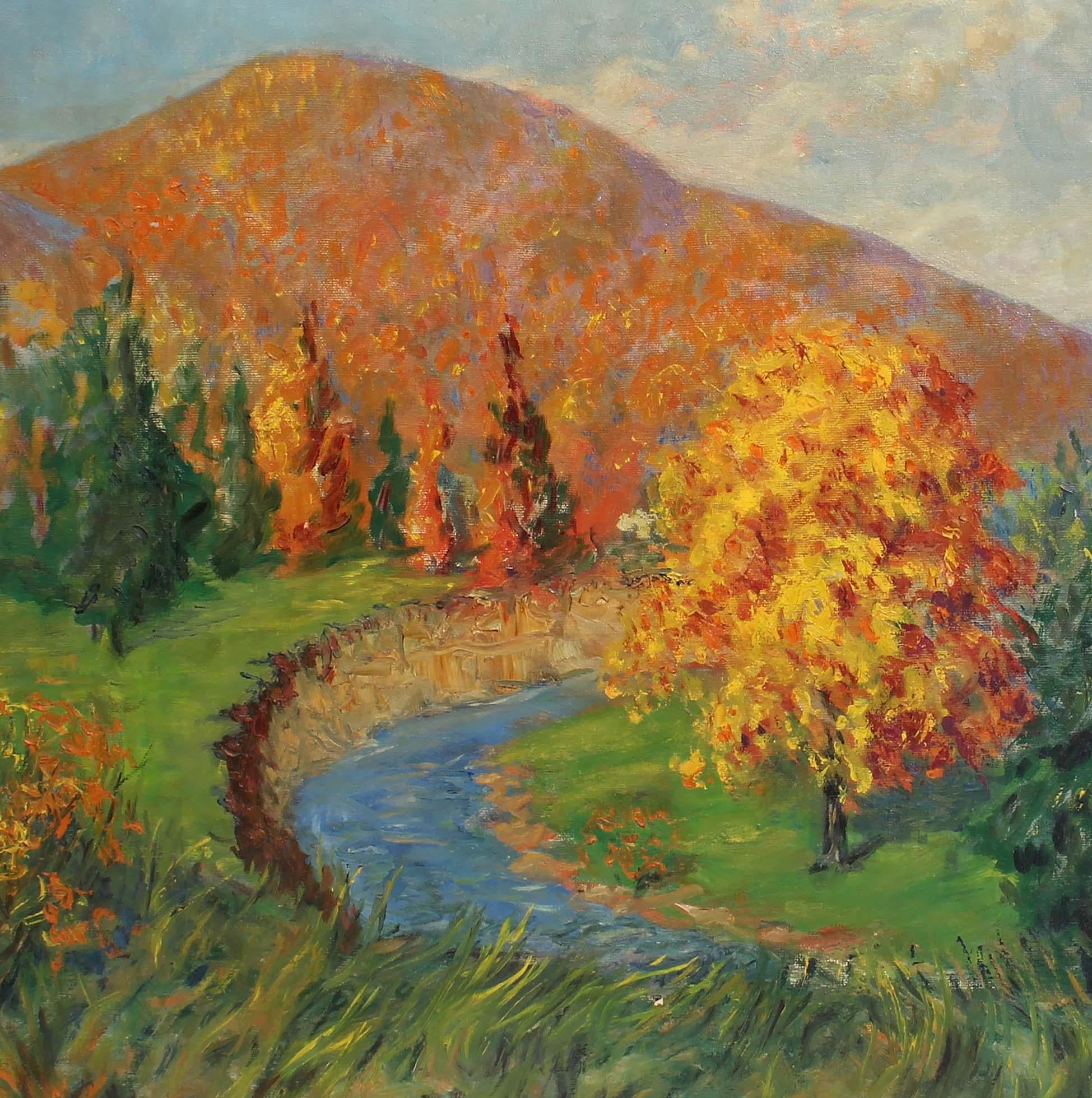 Ancienne peinture à l'huile impressionniste américaine, paysage d'automne, cadre sculpté d'origine - Impressionnisme américain Painting par Unknown