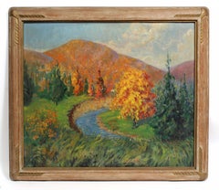 Antique American Impressionist Oil Painting Fall Landscape Original Carved Frame