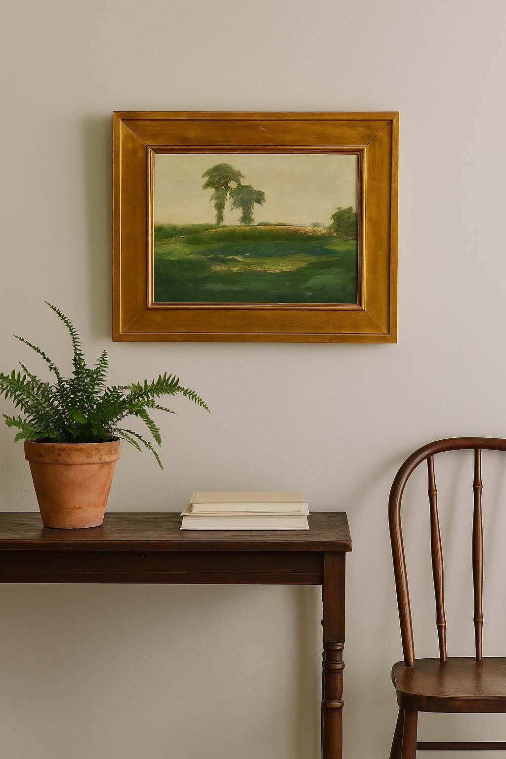 Antique American Impressionist oil painting landscape original gold frame framed - Painting by Unknown