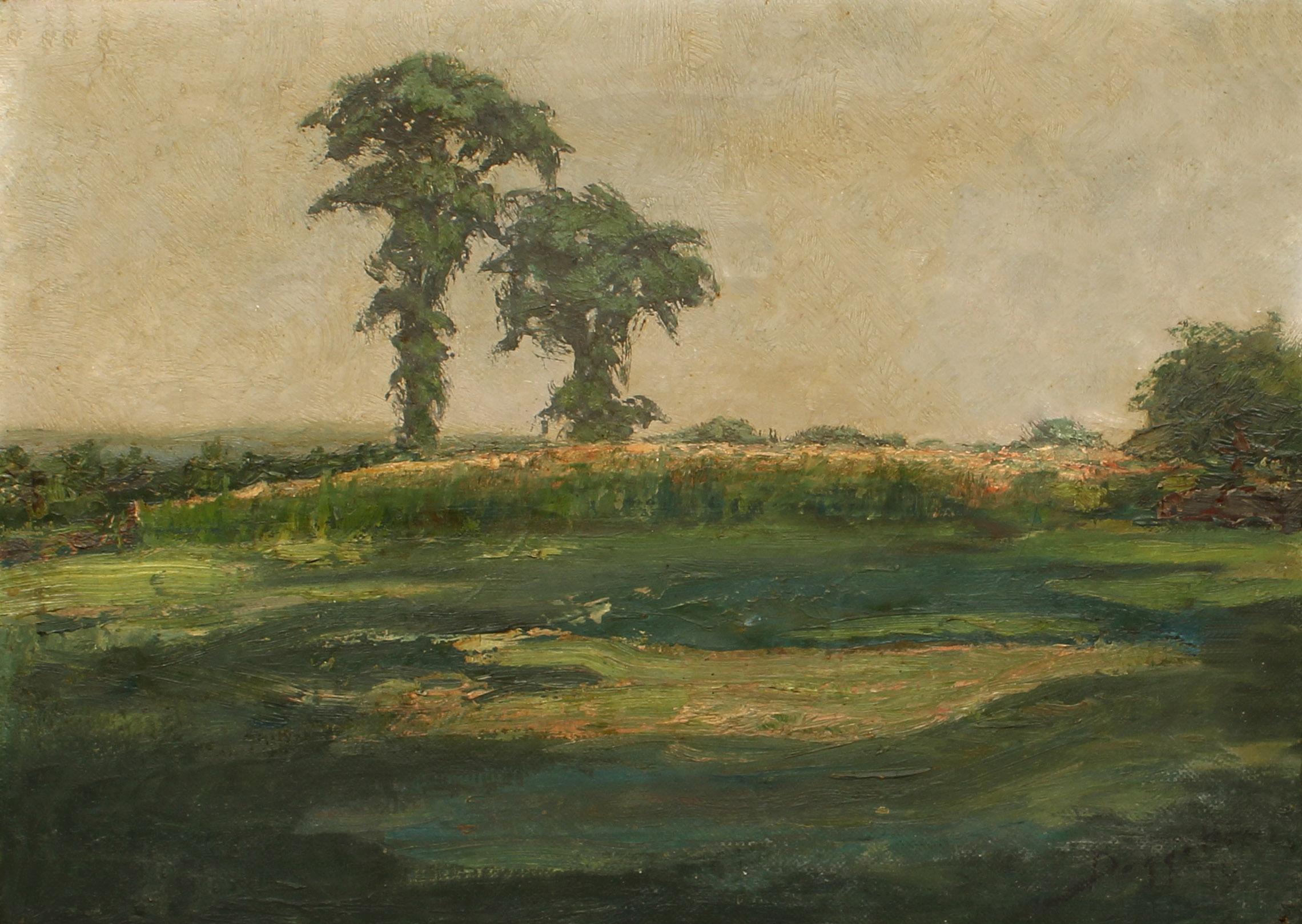 Antique American Impressionist oil painting landscape original gold frame framed - Brown Landscape Painting by Unknown